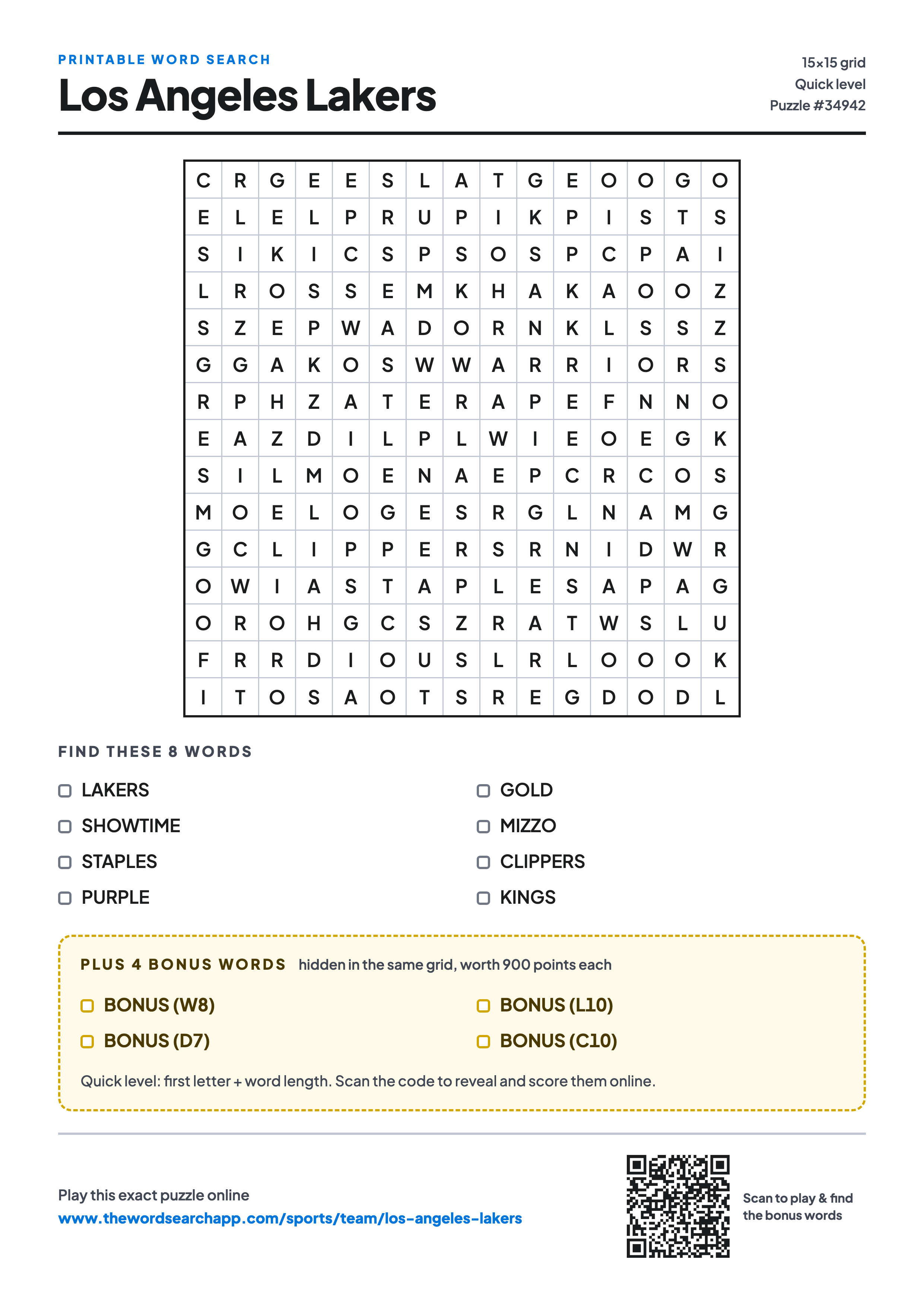 Printable Los Angeles Lakers word search — 15×15 letter grid with 8 words to find including LAKERS, SHOWTIME, STAPLES, plus 4 hidden bonus words