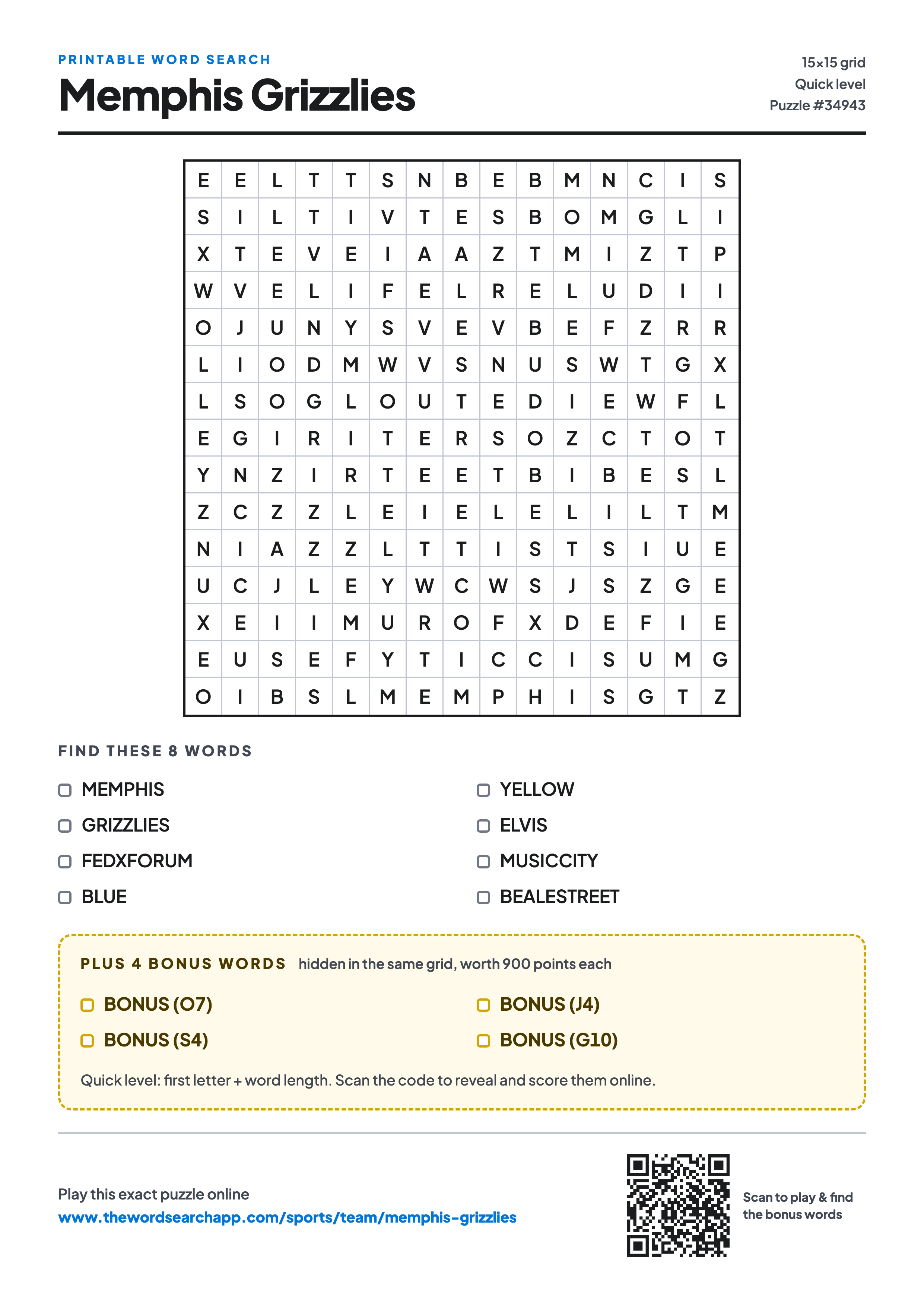 Printable Memphis Grizzlies word search — 15×15 letter grid with 8 words to find including MEMPHIS, GRIZZLIES, FEDXFORUM, plus 4 hidden bonus words