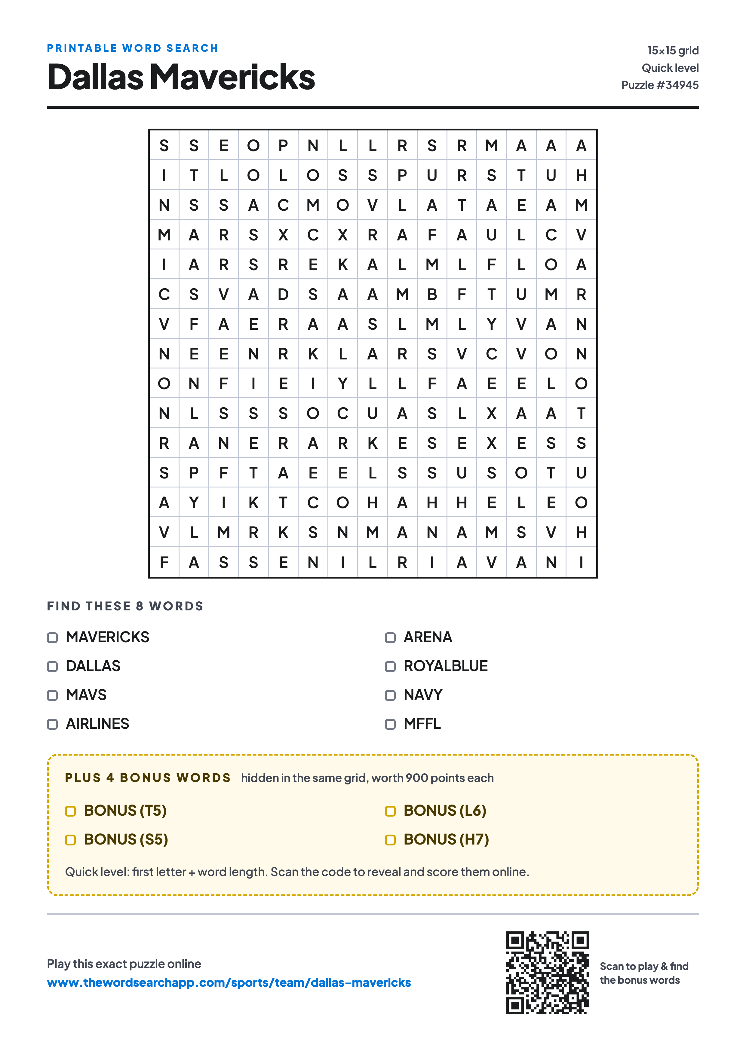 Printable Dallas Mavericks word search — 15×15 letter grid with 8 words to find including MAVERICKS, DALLAS, MAVS, plus 4 hidden bonus words