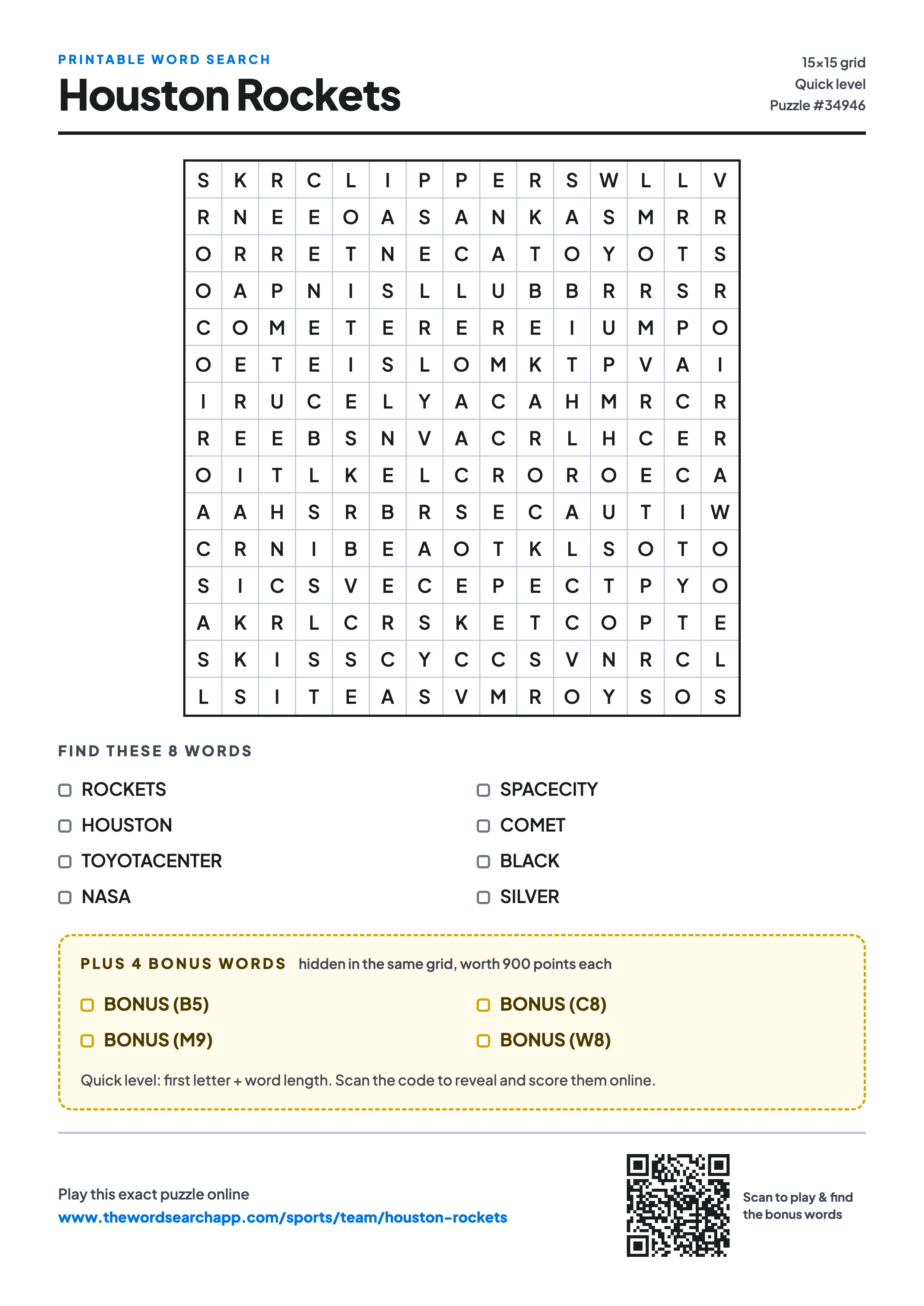 Printable Houston Rockets word search — 15×15 letter grid with 8 words to find including ROCKETS, HOUSTON, TOYOTACENTER, plus 4 hidden bonus words