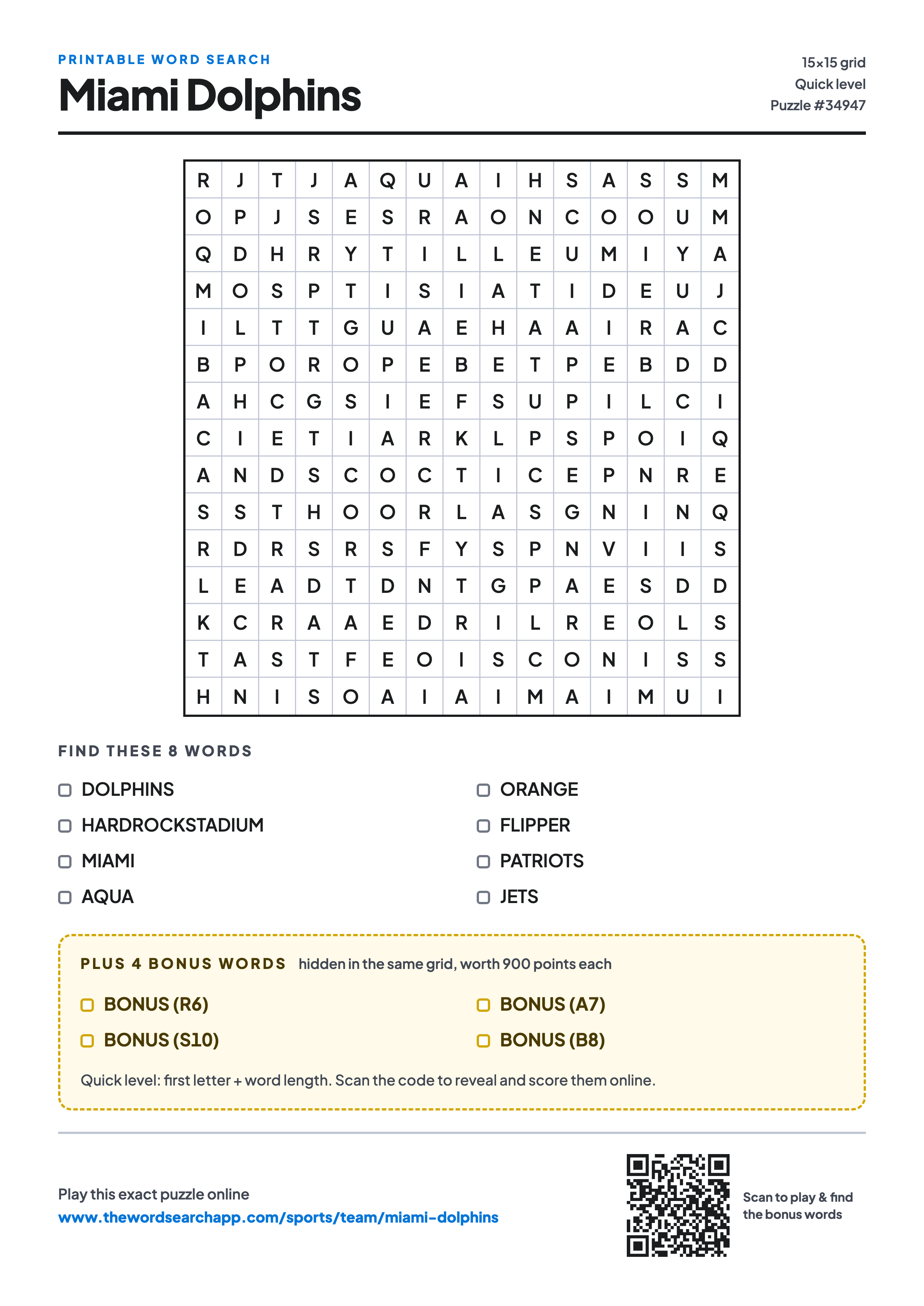 Printable Miami Dolphins word search — 15×15 letter grid with 8 words to find including DOLPHINS, HARDROCKSTADIUM, MIAMI, plus 4 hidden bonus words