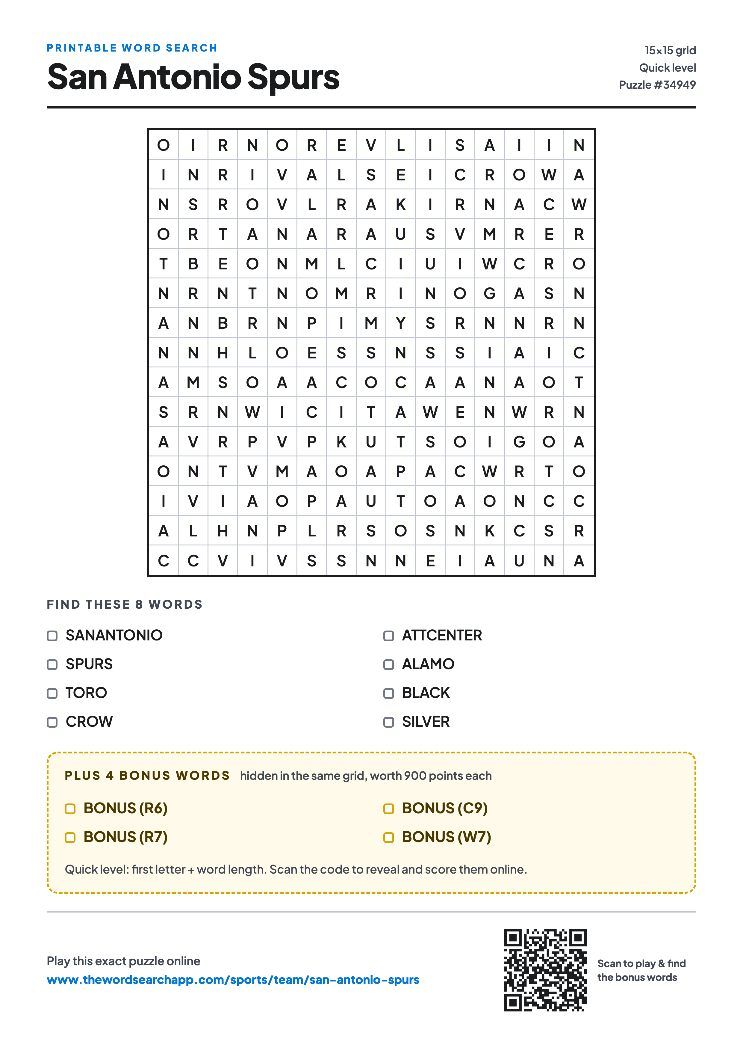 Printable San Antonio Spurs word search — 15×15 letter grid with 8 words to find including SANANTONIO, SPURS, TORO, plus 4 hidden bonus words