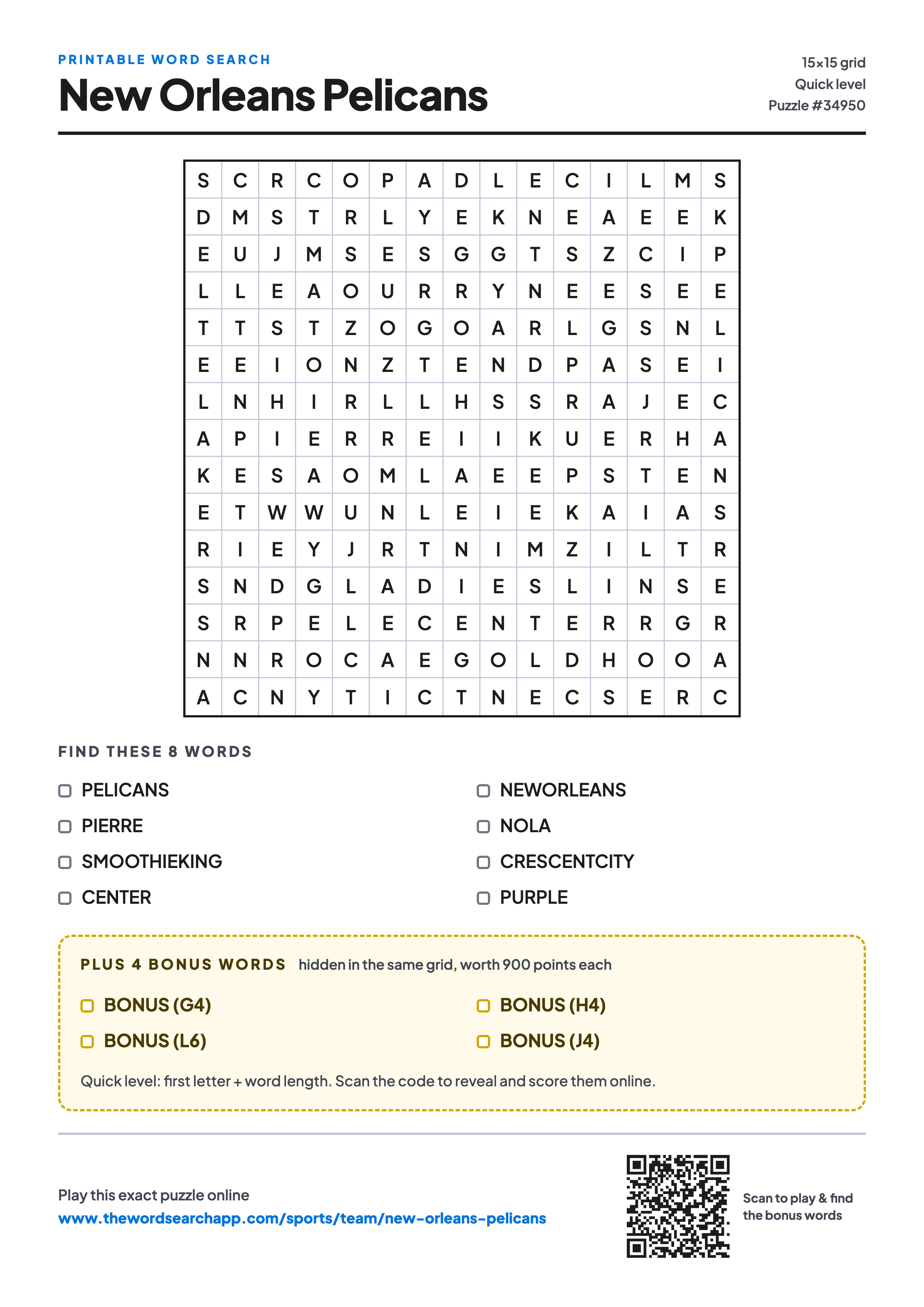 Printable New Orleans Pelicans word search — 15×15 letter grid with 8 words to find including PELICANS, PIERRE, SMOOTHIEKING, plus 4 hidden bonus words