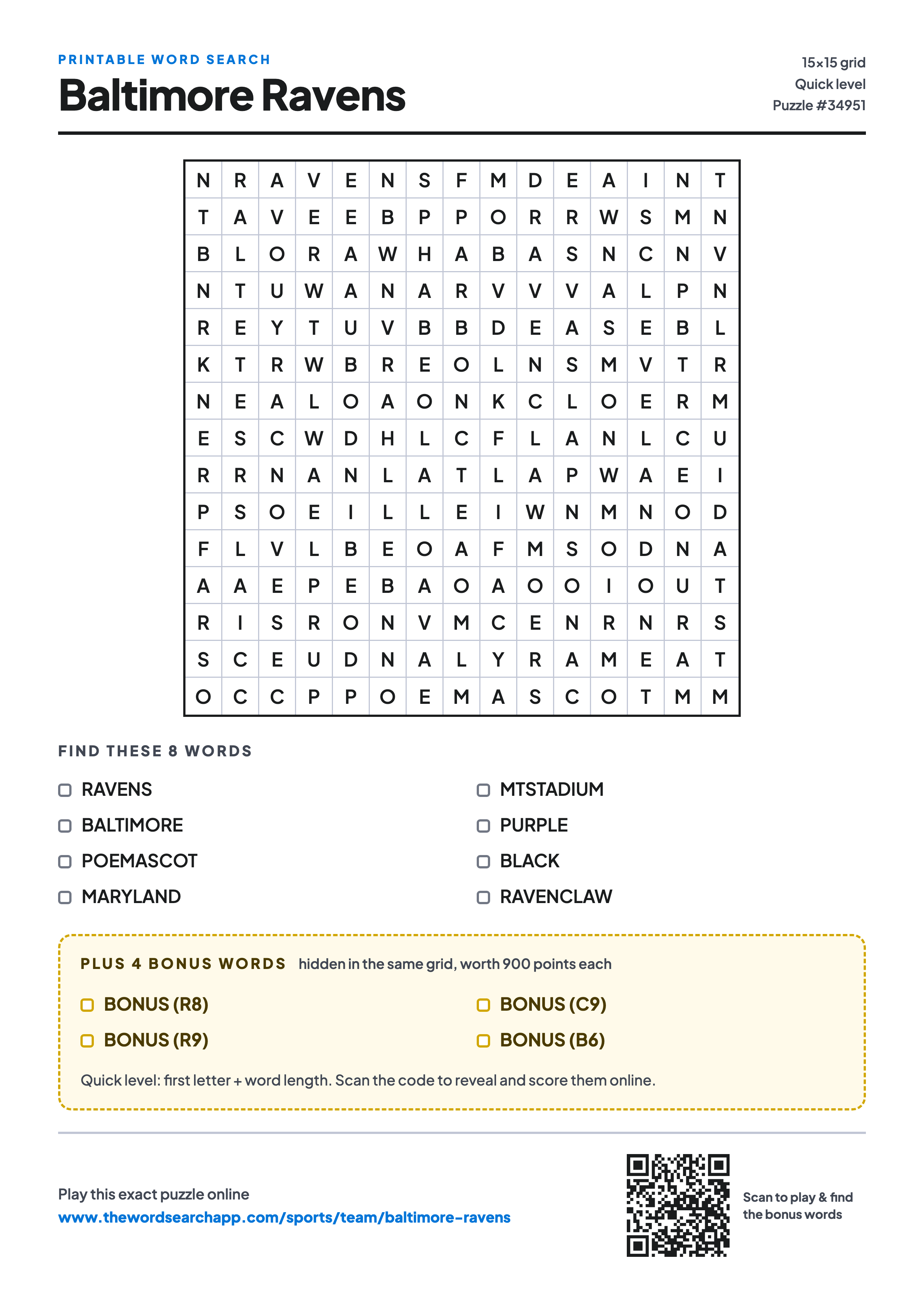 Printable Baltimore Ravens word search — 15×15 letter grid with 8 words to find including RAVENS, BALTIMORE, POEMASCOT, plus 4 hidden bonus words
