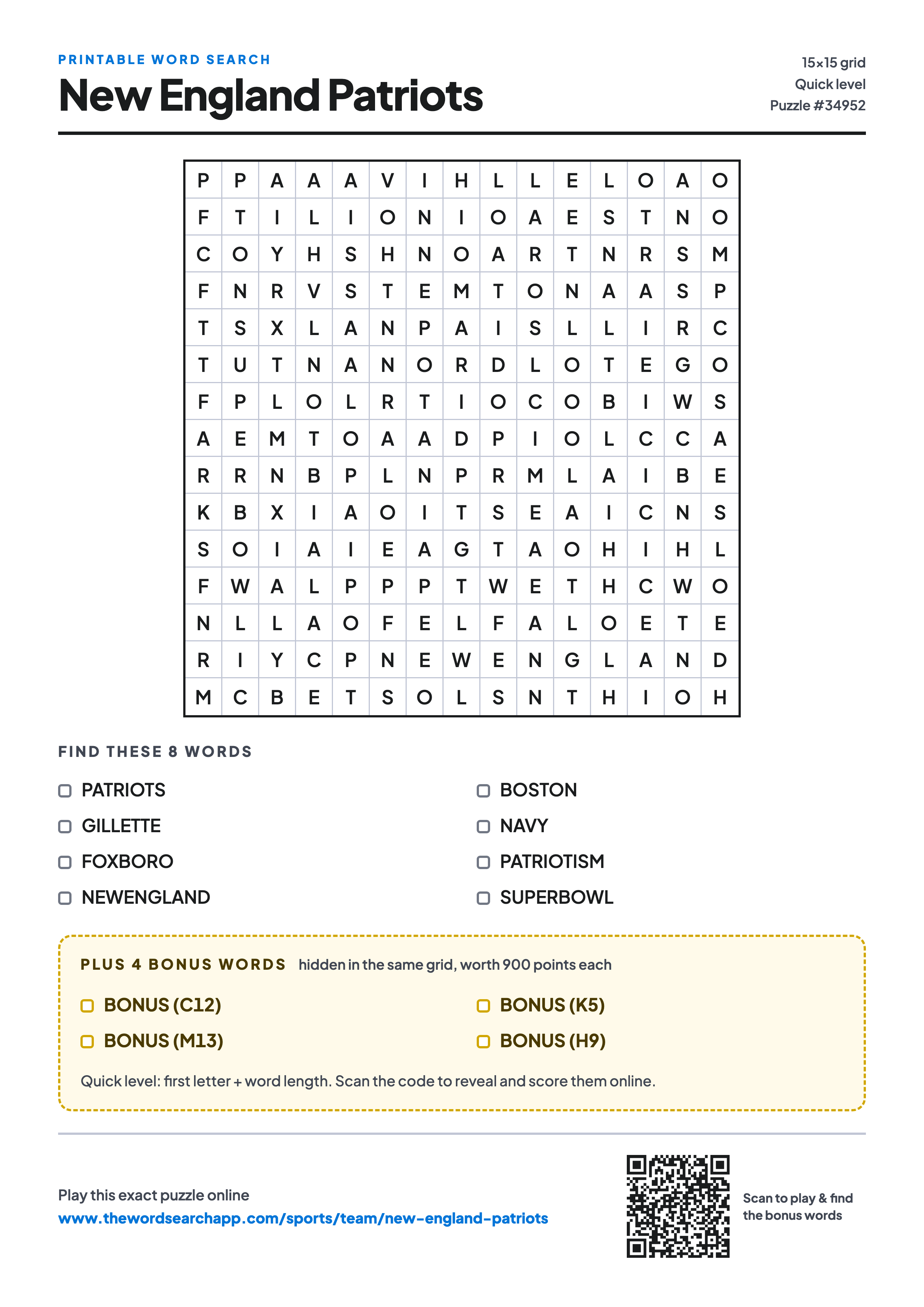 Printable New England Patriots word search — 15×15 letter grid with 8 words to find including PATRIOTS, GILLETTE, FOXBORO, plus 4 hidden bonus words