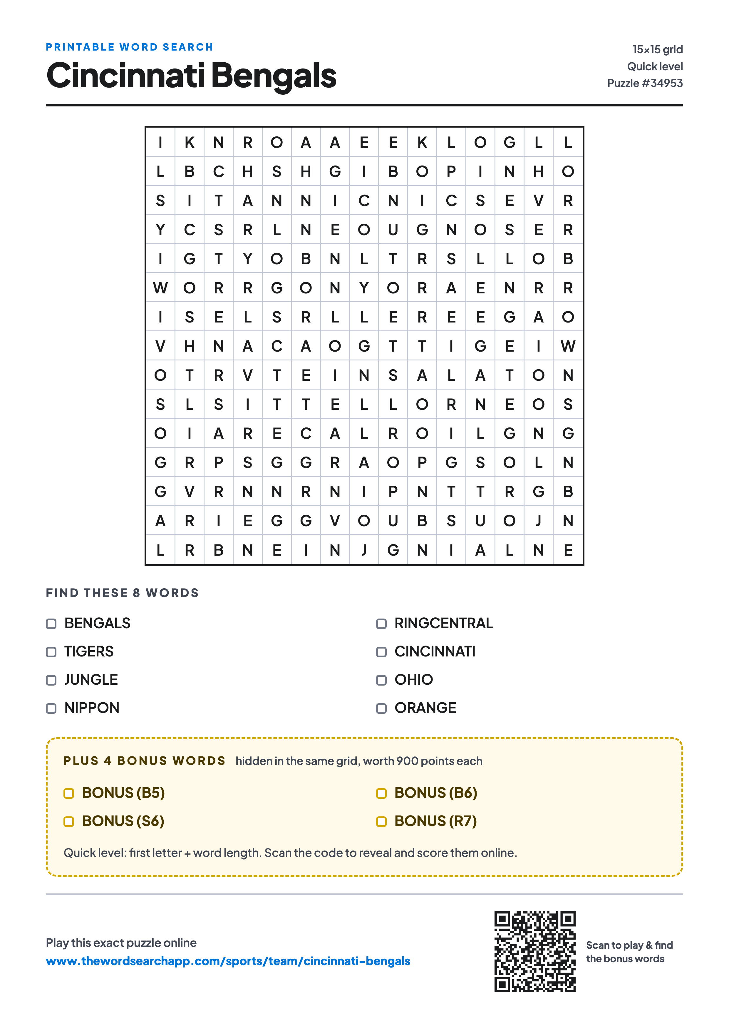 Printable Cincinnati Bengals word search — 15×15 letter grid with 8 words to find including BENGALS, TIGERS, JUNGLE, plus 4 hidden bonus words