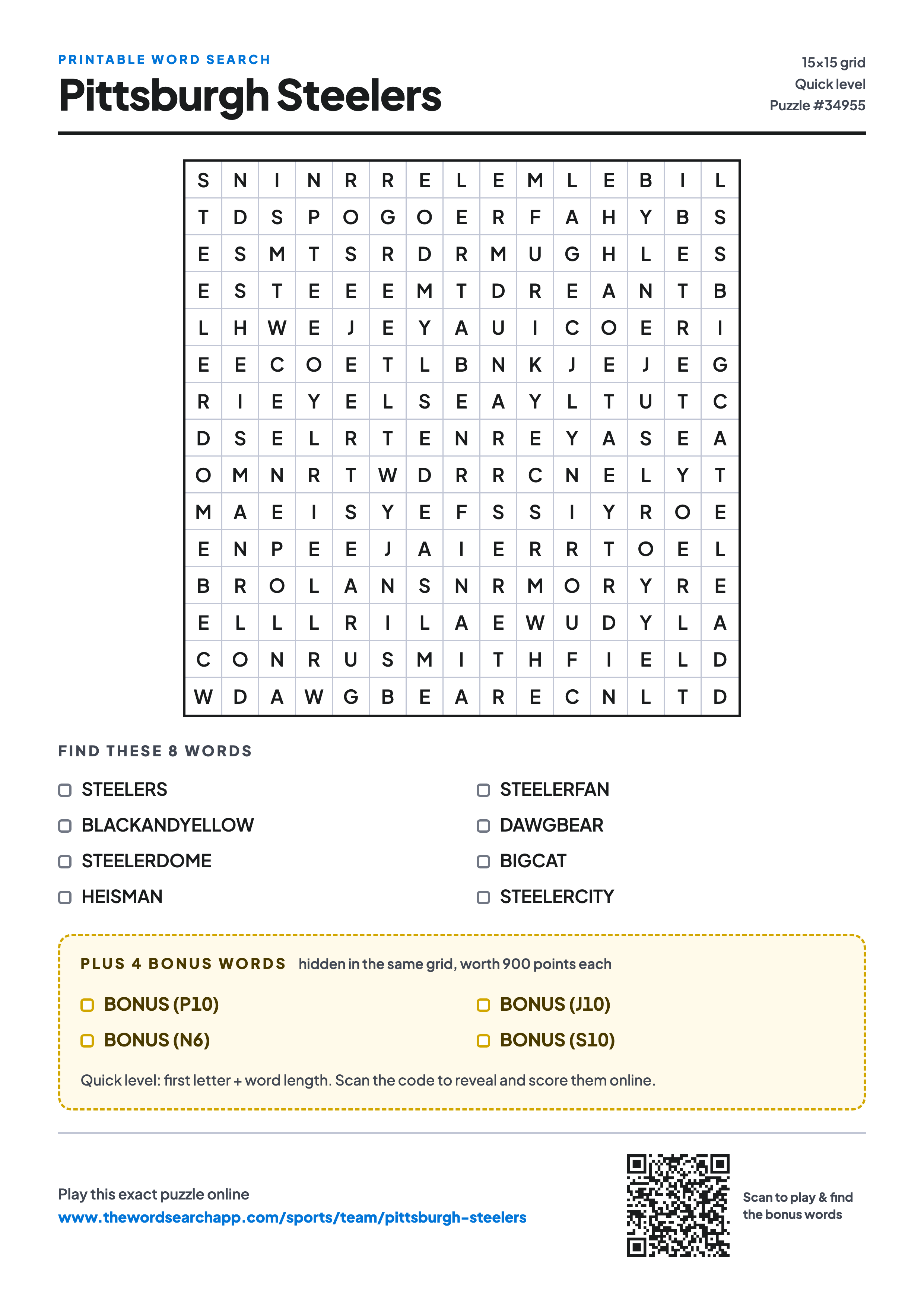 Printable Pittsburgh Steelers word search — 15×15 letter grid with 8 words to find including STEELERS, BLACKANDYELLOW, STEELERDOME, plus 4 hidden bonus words