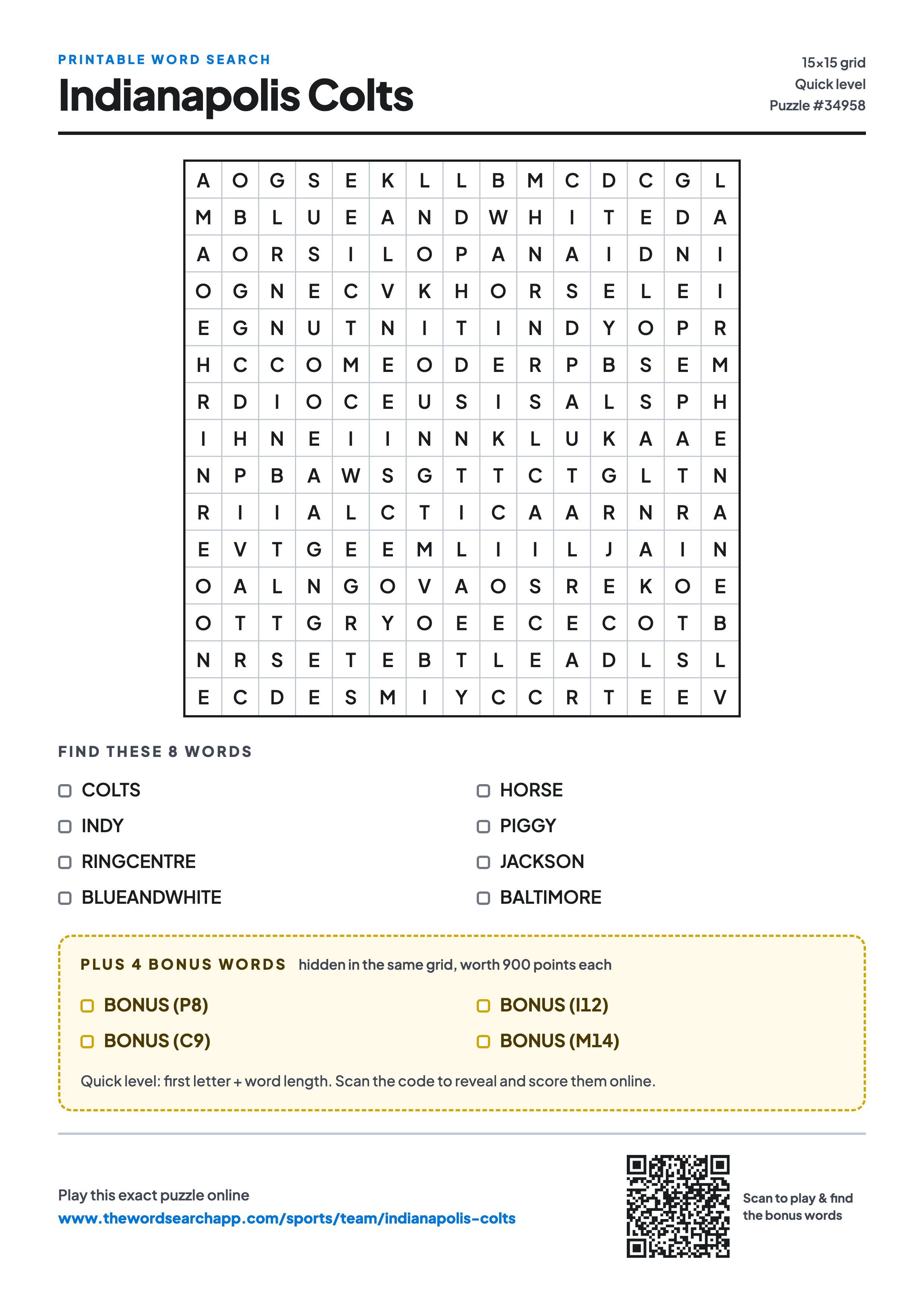 Printable Indianapolis Colts word search — 15×15 letter grid with 8 words to find including COLTS, INDY, RINGCENTRE, plus 4 hidden bonus words