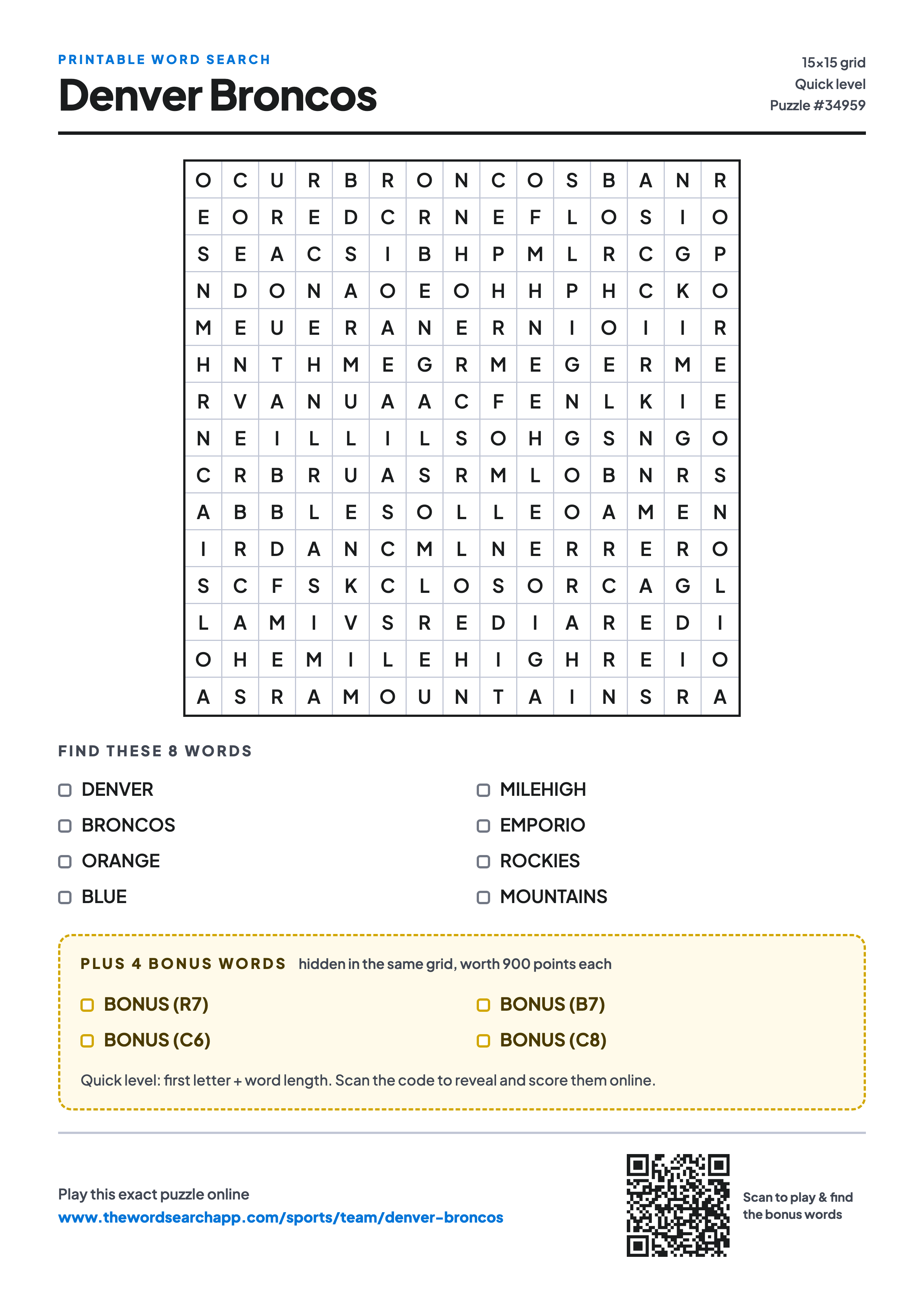 Printable Denver Broncos word search — 15×15 letter grid with 8 words to find including DENVER, BRONCOS, ORANGE, plus 4 hidden bonus words