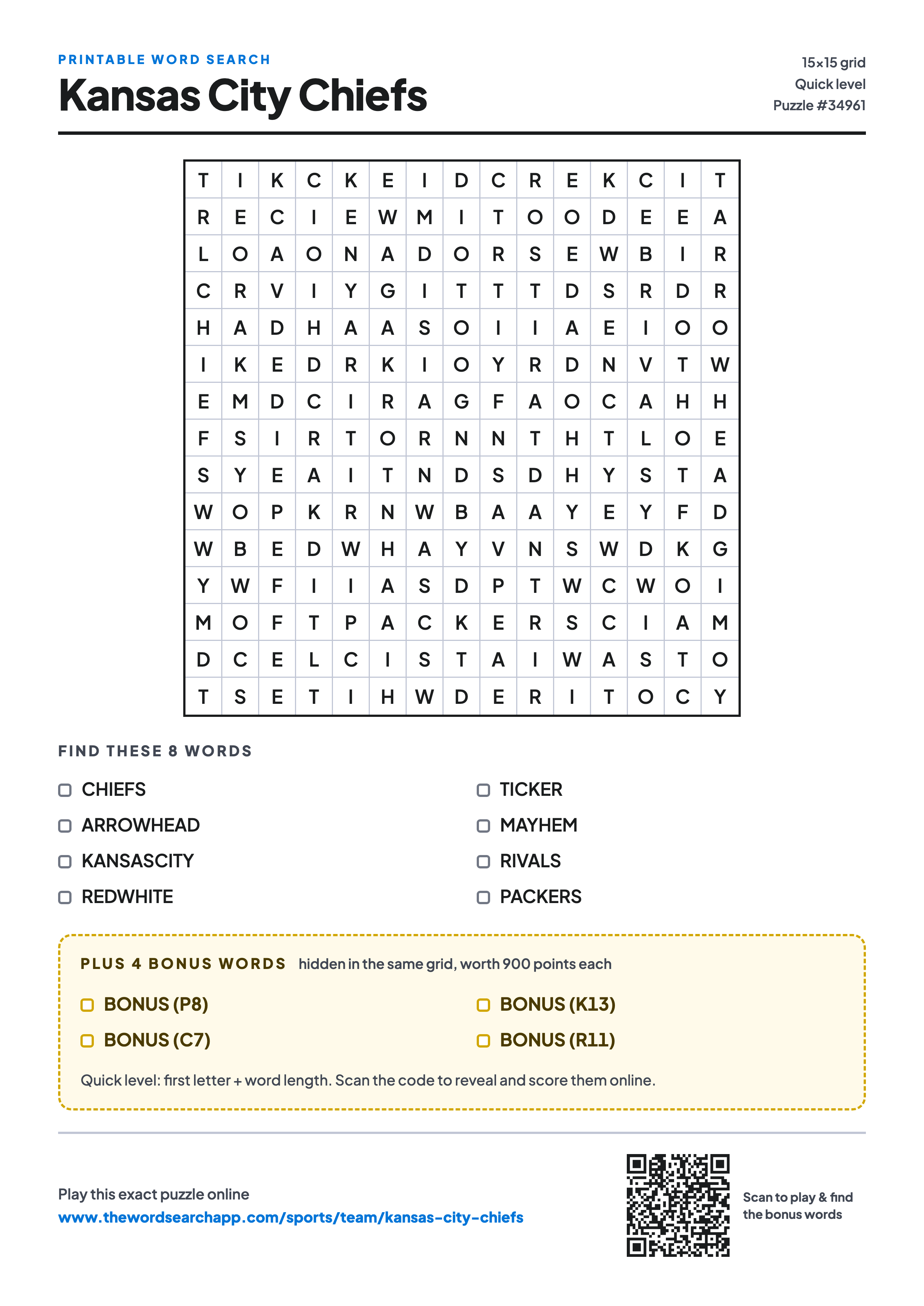 Printable Kansas City Chiefs word search — 15×15 letter grid with 8 words to find including CHIEFS, ARROWHEAD, KANSASCITY, plus 4 hidden bonus words