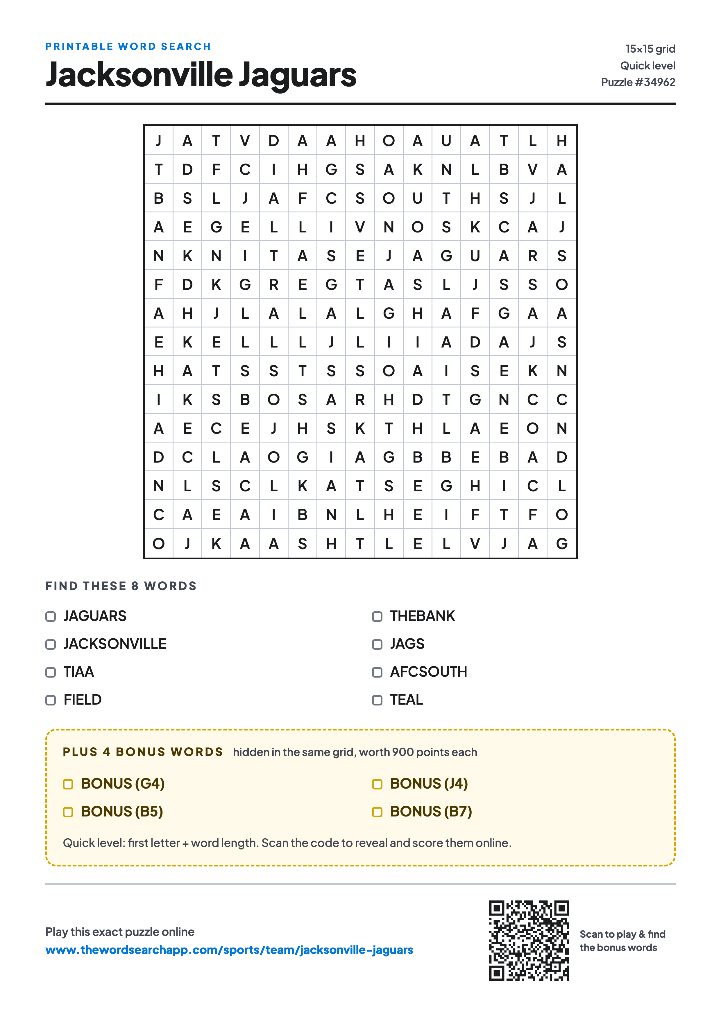 Printable Jacksonville Jaguars word search — 15×15 letter grid with 8 words to find including JAGUARS, JACKSONVILLE, TIAA, plus 4 hidden bonus words
