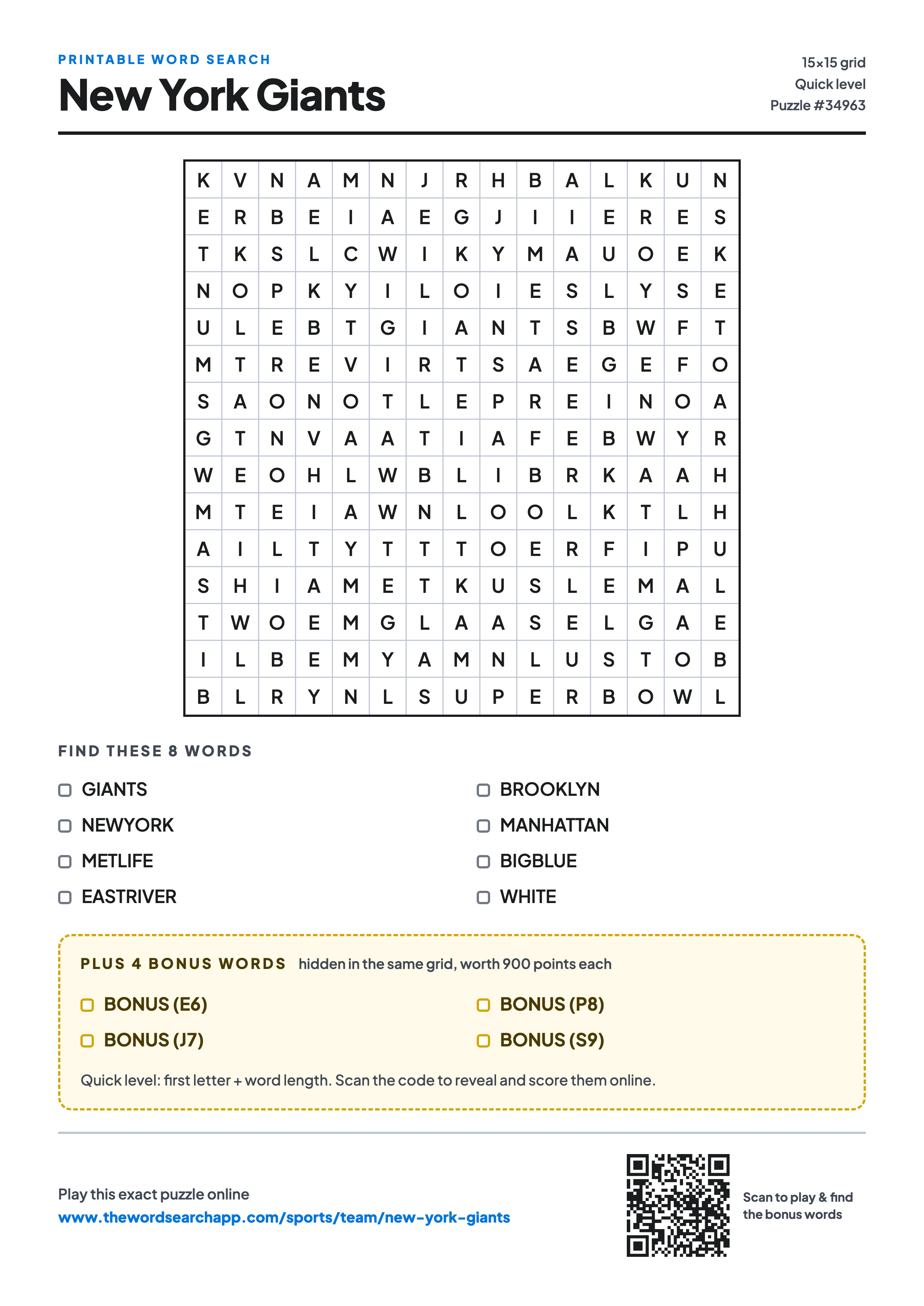 Printable New York Giants word search — 15×15 letter grid with 8 words to find including GIANTS, NEWYORK, METLIFE, plus 4 hidden bonus words
