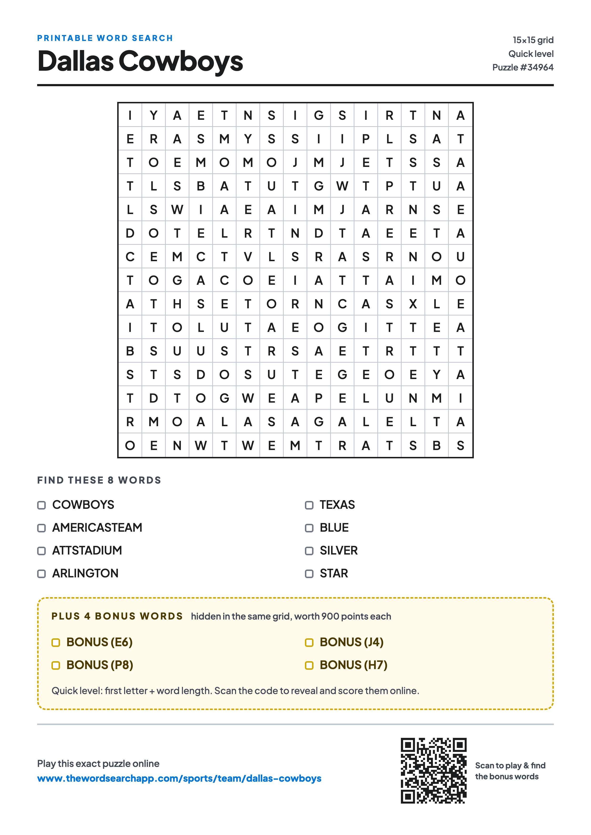 Printable Dallas Cowboys word search — 15×15 letter grid with 8 words to find including COWBOYS, AMERICASTEAM, ATTSTADIUM, plus 4 hidden bonus words