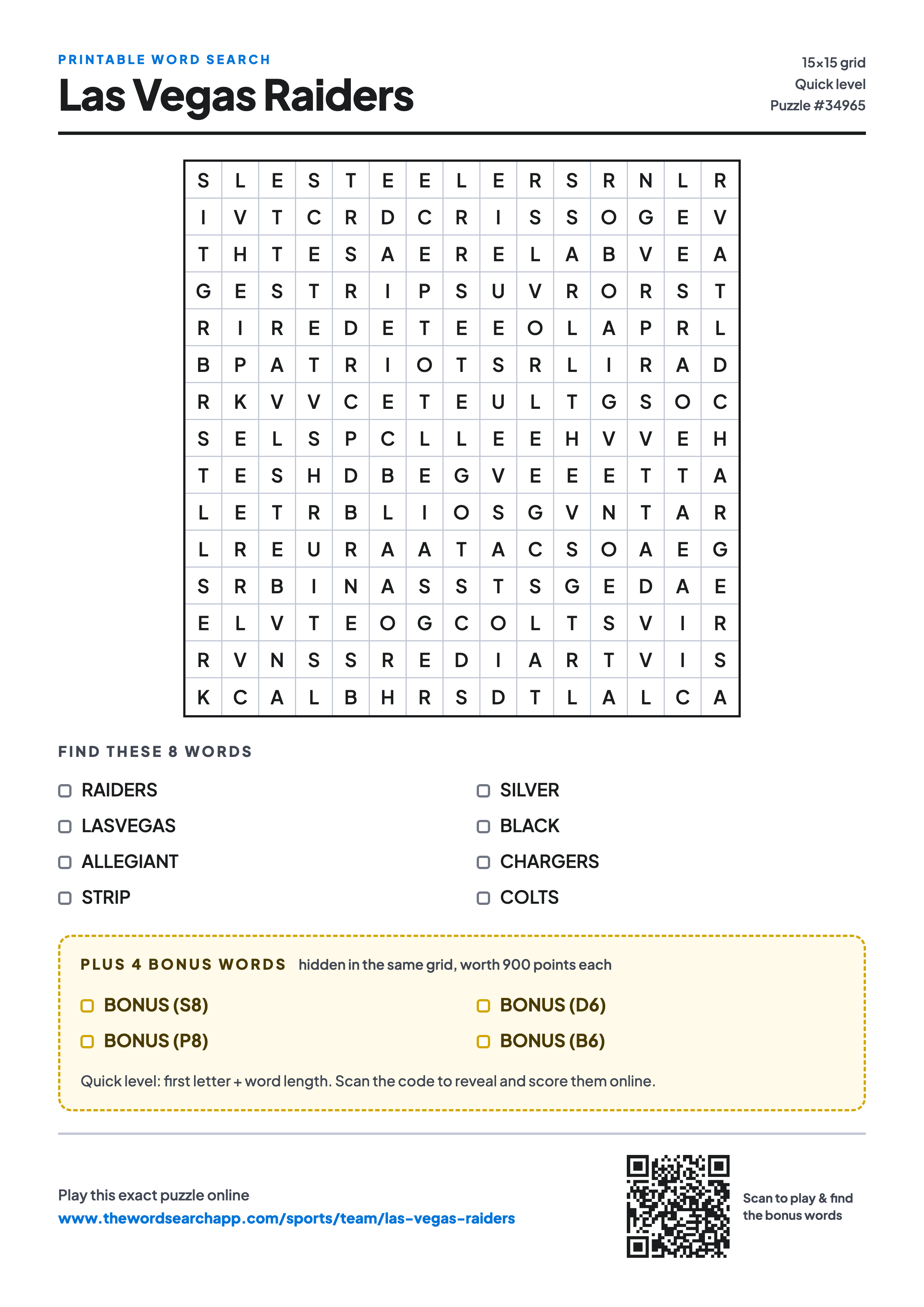 Printable Las Vegas Raiders word search — 15×15 letter grid with 8 words to find including RAIDERS, LASVEGAS, ALLEGIANT, plus 4 hidden bonus words