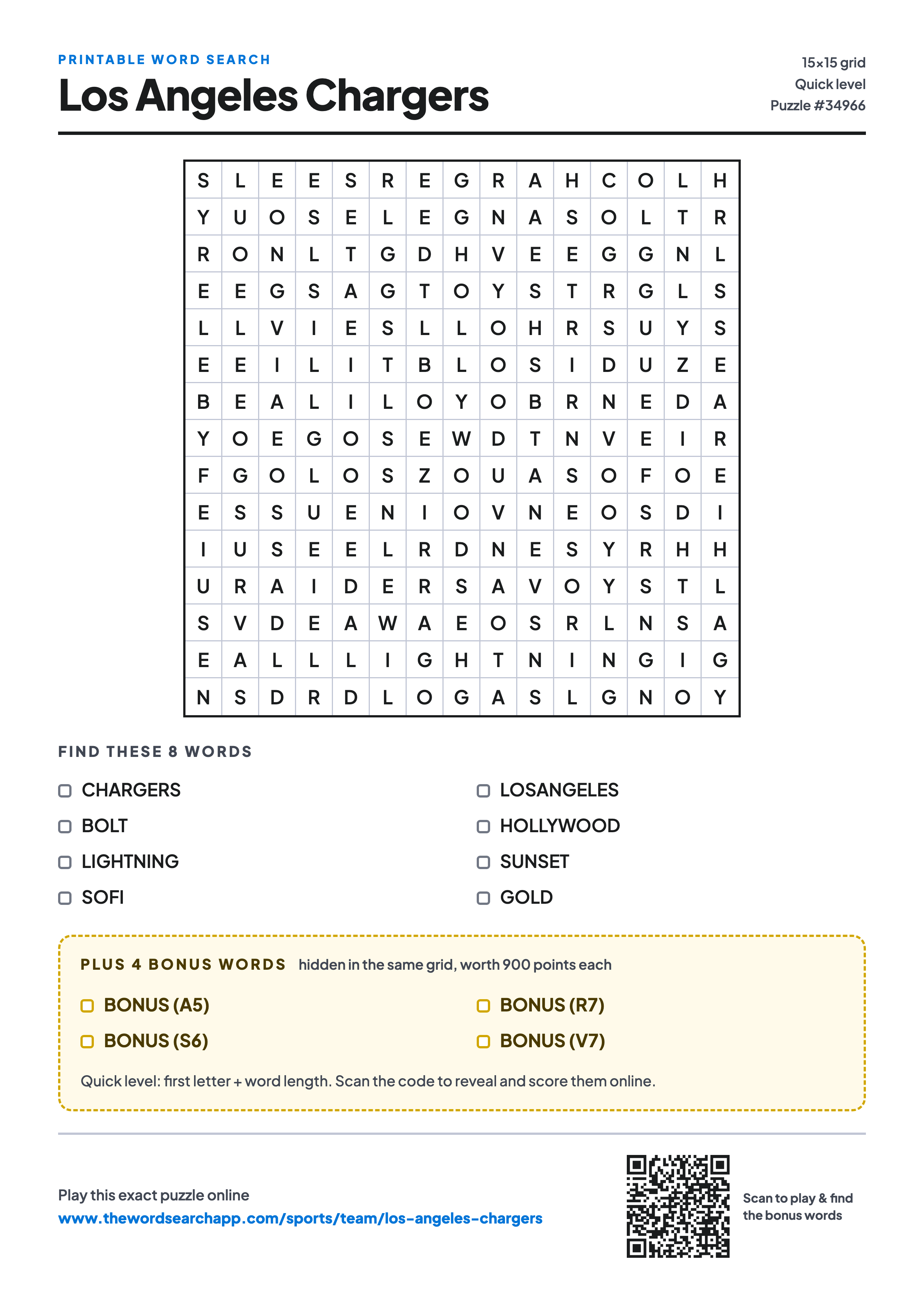 Printable Los Angeles Chargers word search — 15×15 letter grid with 8 words to find including CHARGERS, BOLT, LIGHTNING, plus 4 hidden bonus words