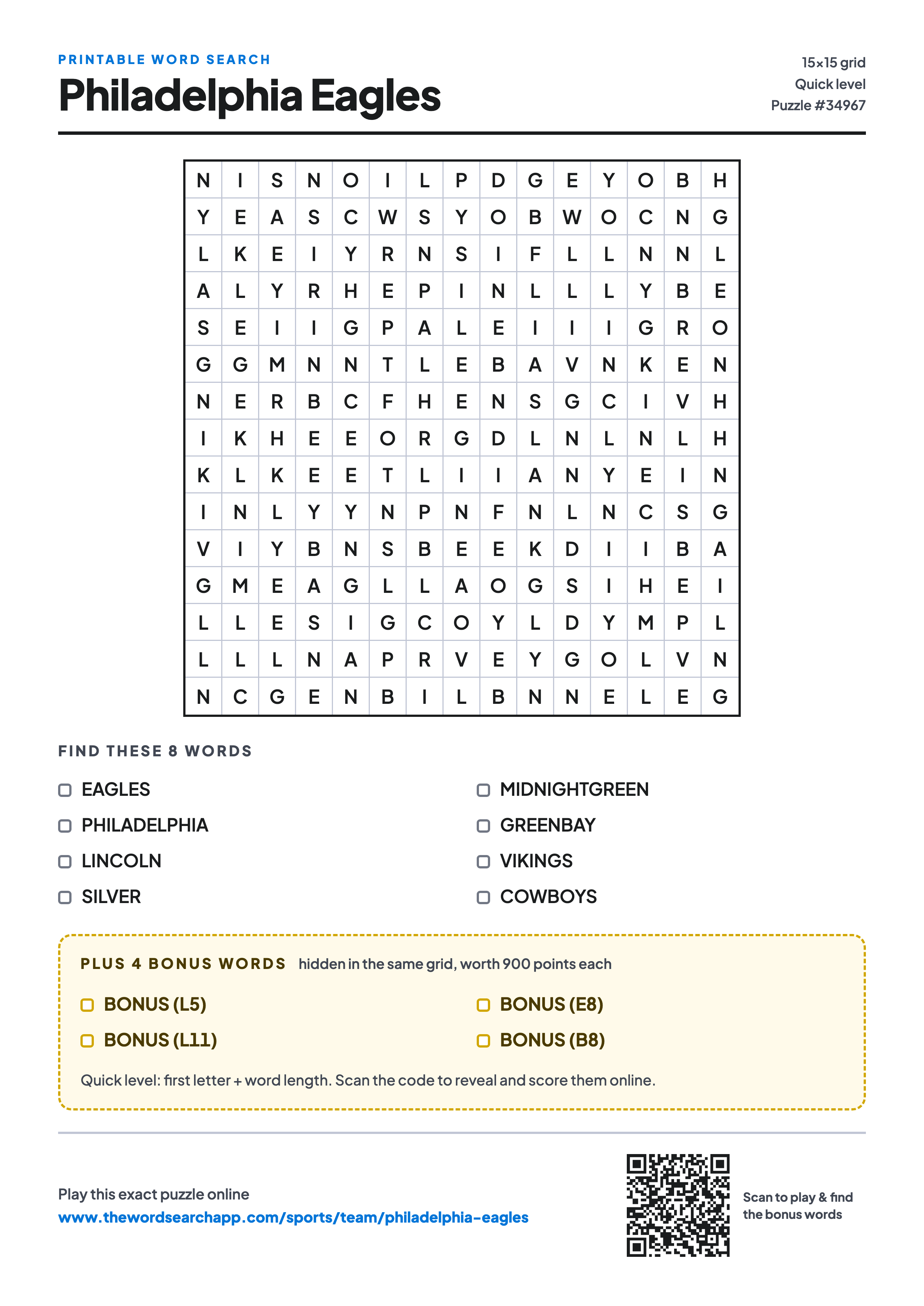 Printable Philadelphia Eagles word search — 15×15 letter grid with 8 words to find including EAGLES, PHILADELPHIA, LINCOLN, plus 4 hidden bonus words