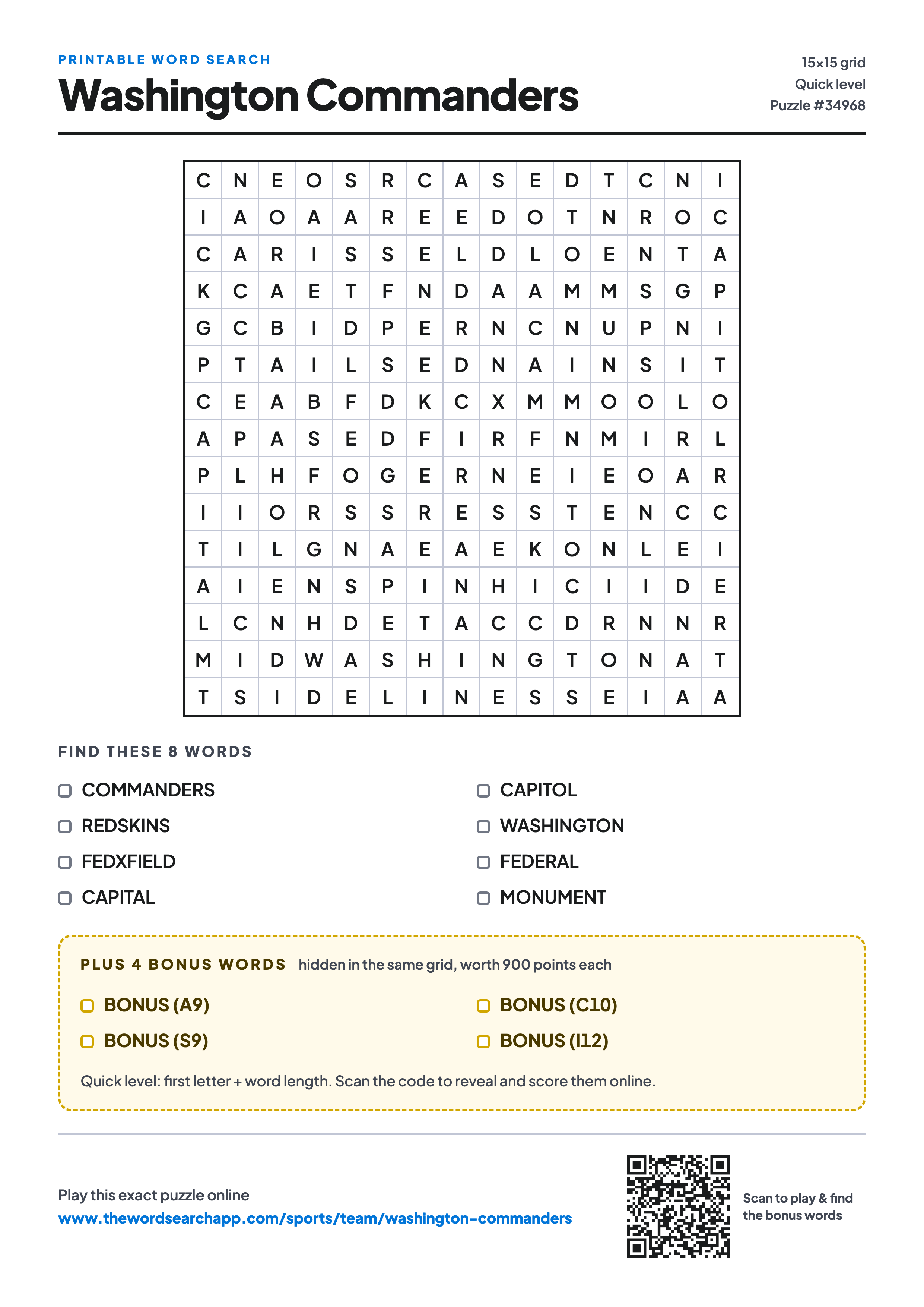 Printable Washington Commanders word search — 15×15 letter grid with 8 words to find including COMMANDERS, REDSKINS, FEDXFIELD, plus 4 hidden bonus words