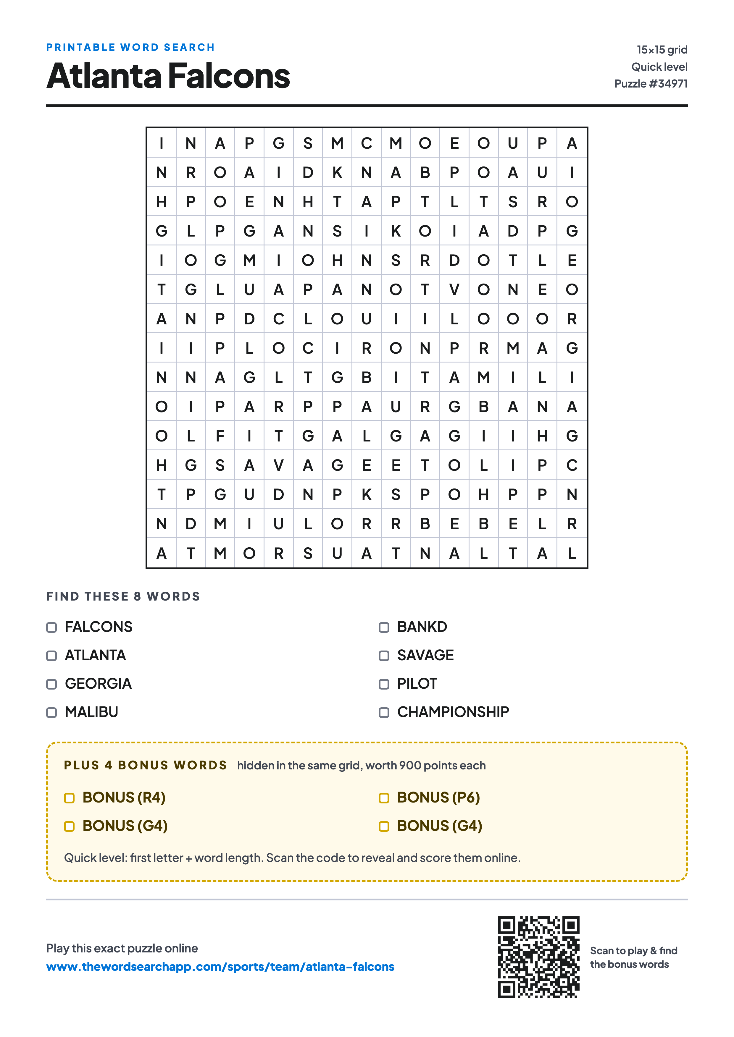 Printable Atlanta Falcons word search — 15×15 letter grid with 8 words to find including FALCONS, ATLANTA, GEORGIA, plus 4 hidden bonus words