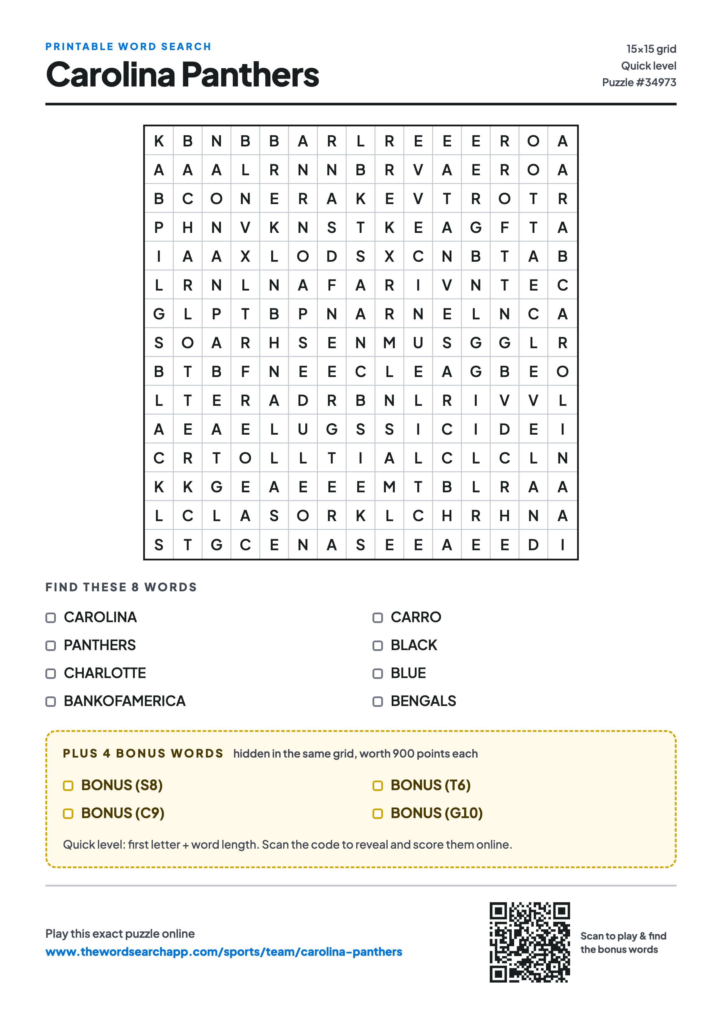 Printable Carolina Panthers word search — 15×15 letter grid with 8 words to find including CAROLINA, PANTHERS, CHARLOTTE, plus 4 hidden bonus words