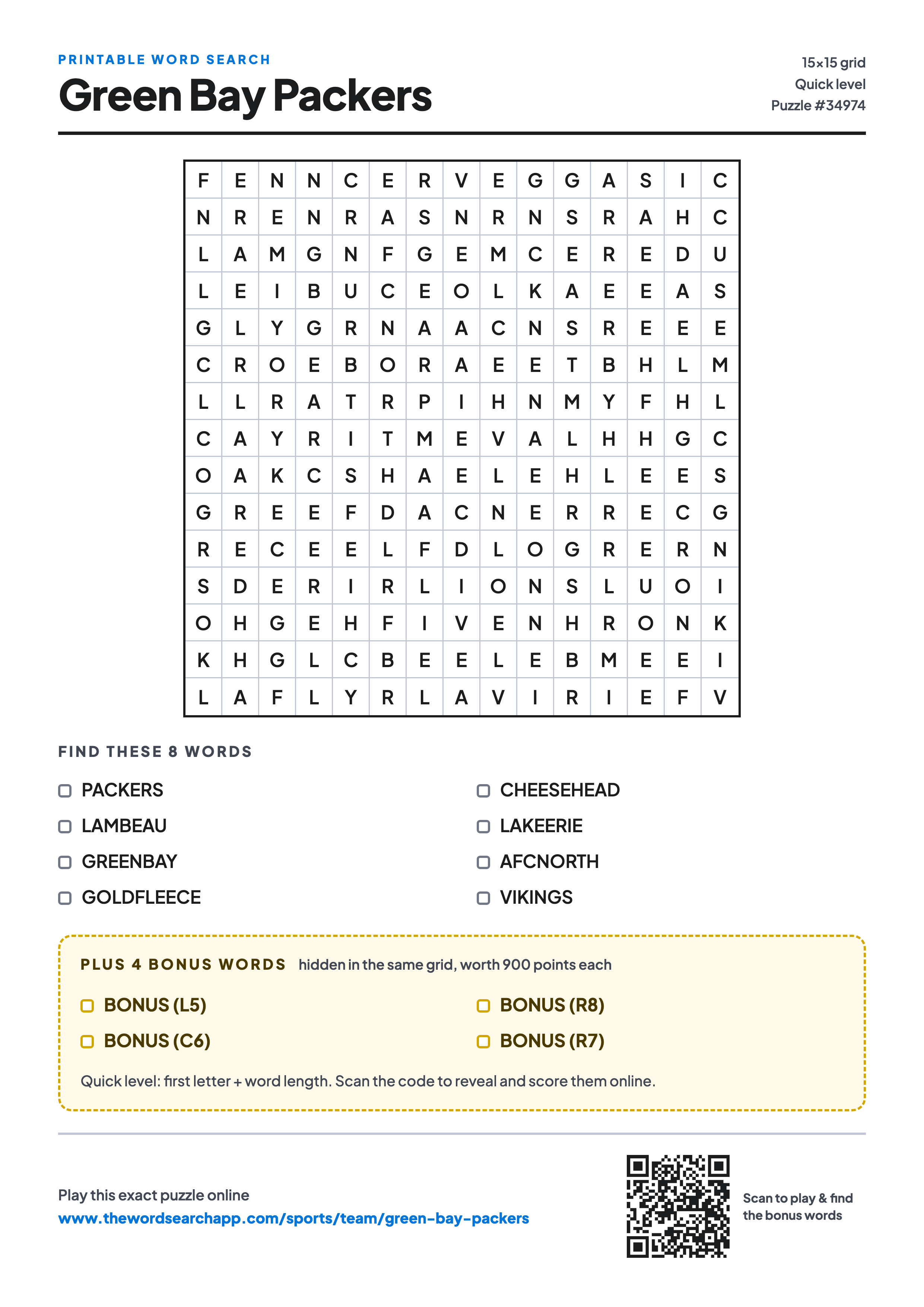 Printable Green Bay Packers word search — 15×15 letter grid with 8 words to find including PACKERS, LAMBEAU, GREENBAY, plus 4 hidden bonus words