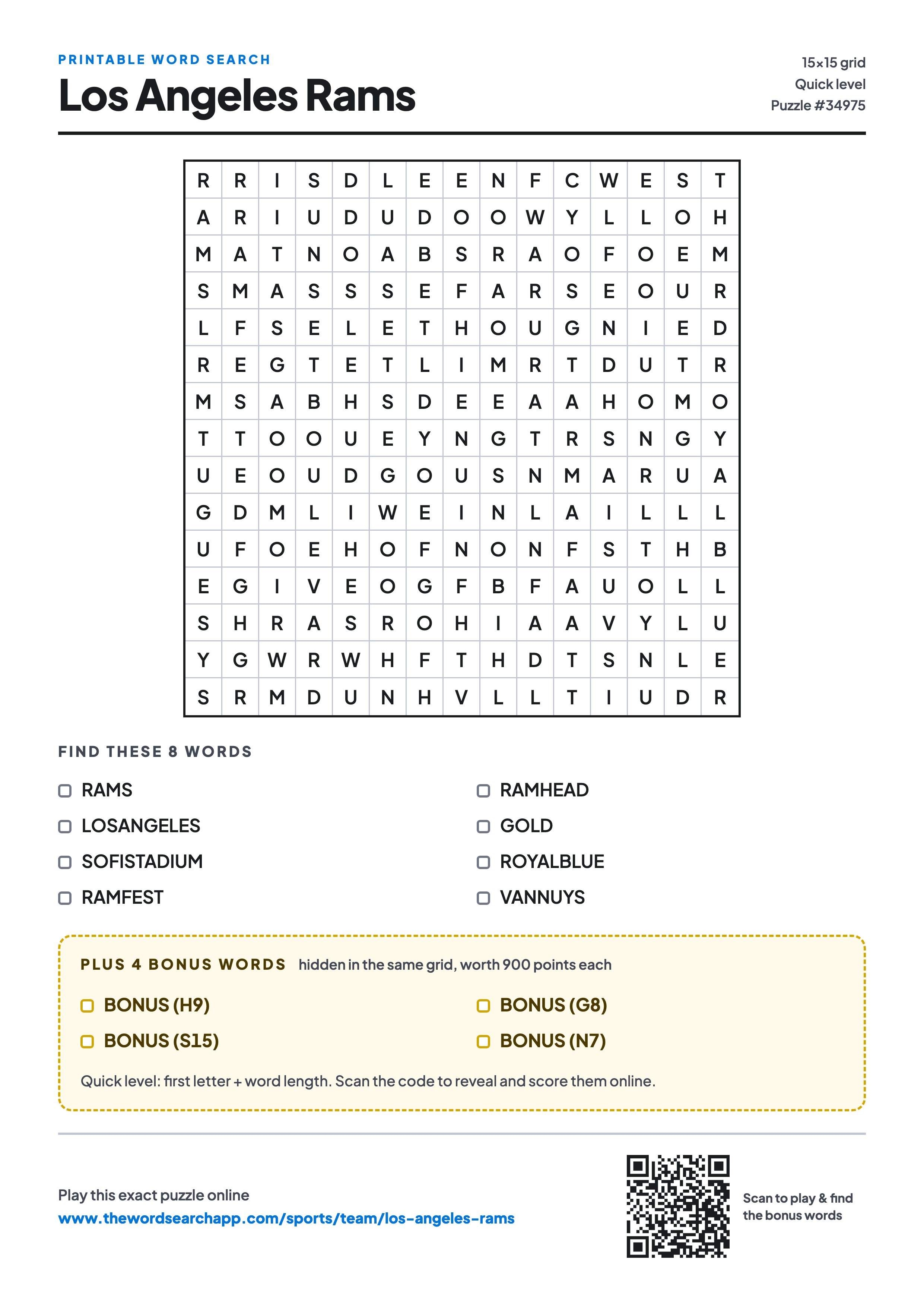 Printable Los Angeles Rams word search — 15×15 letter grid with 8 words to find including RAMS, LOSANGELES, SOFISTADIUM, plus 4 hidden bonus words