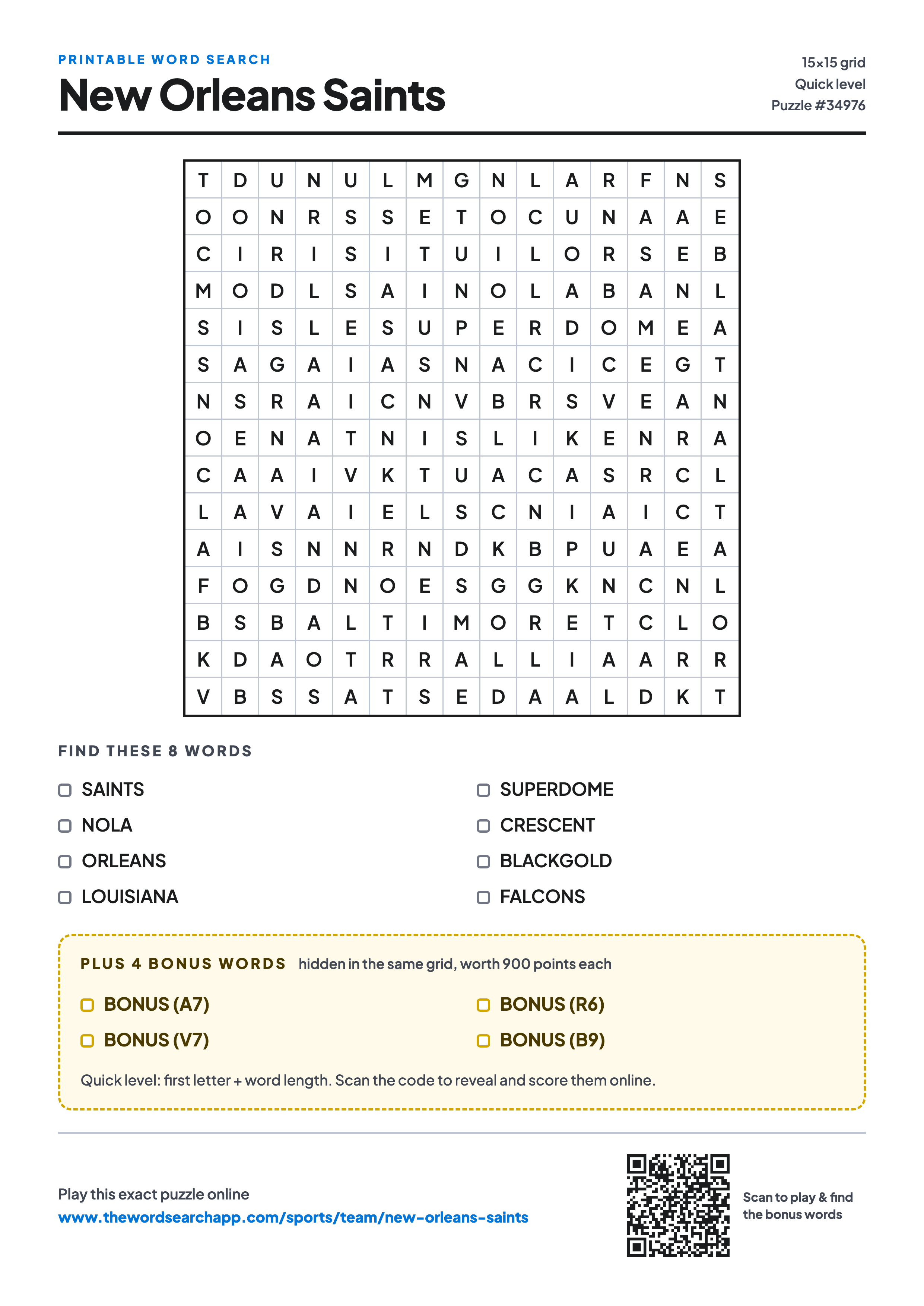 Printable New Orleans Saints word search — 15×15 letter grid with 8 words to find including SAINTS, NOLA, ORLEANS, plus 4 hidden bonus words