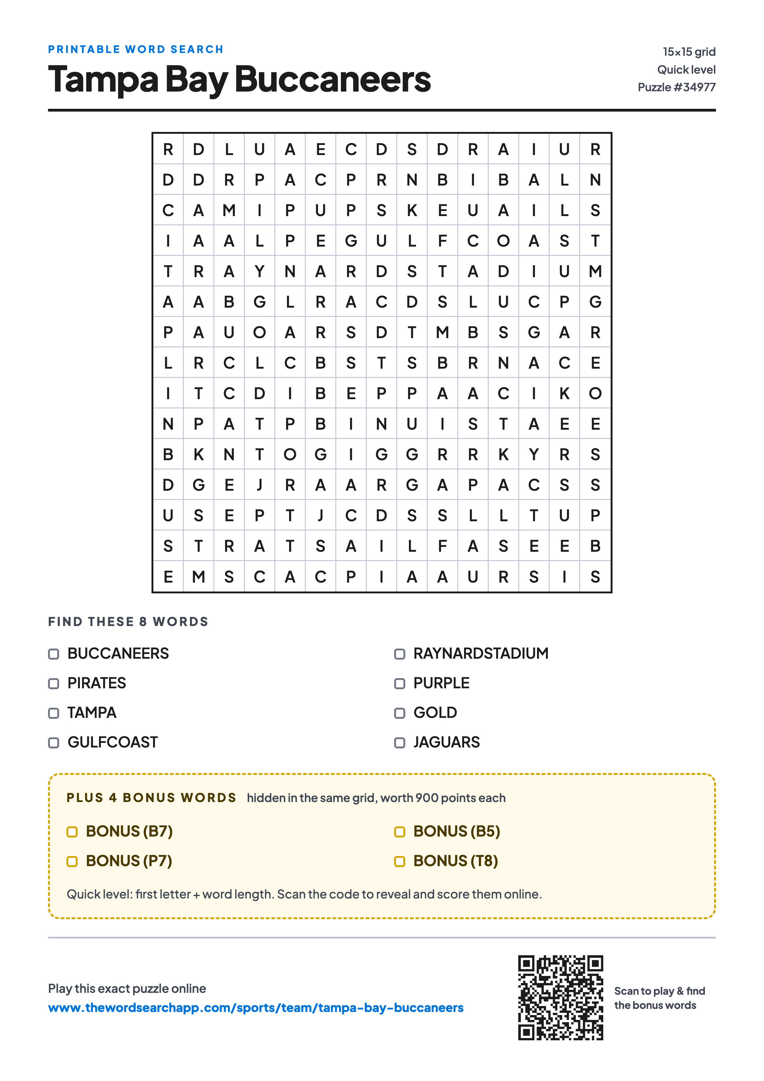 Printable Tampa Bay Buccaneers word search — 15×15 letter grid with 8 words to find including BUCCANEERS, PIRATES, TAMPA, plus 4 hidden bonus words
