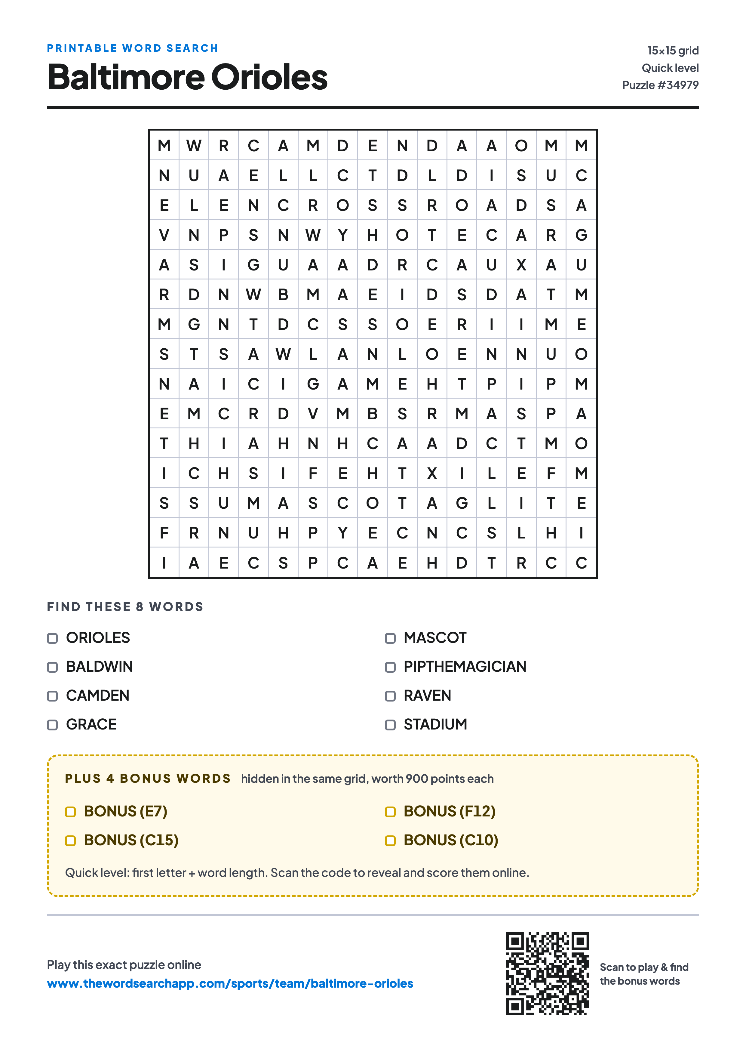 Printable Baltimore Orioles word search — 15×15 letter grid with 8 words to find including ORIOLES, BALDWIN, CAMDEN, plus 4 hidden bonus words