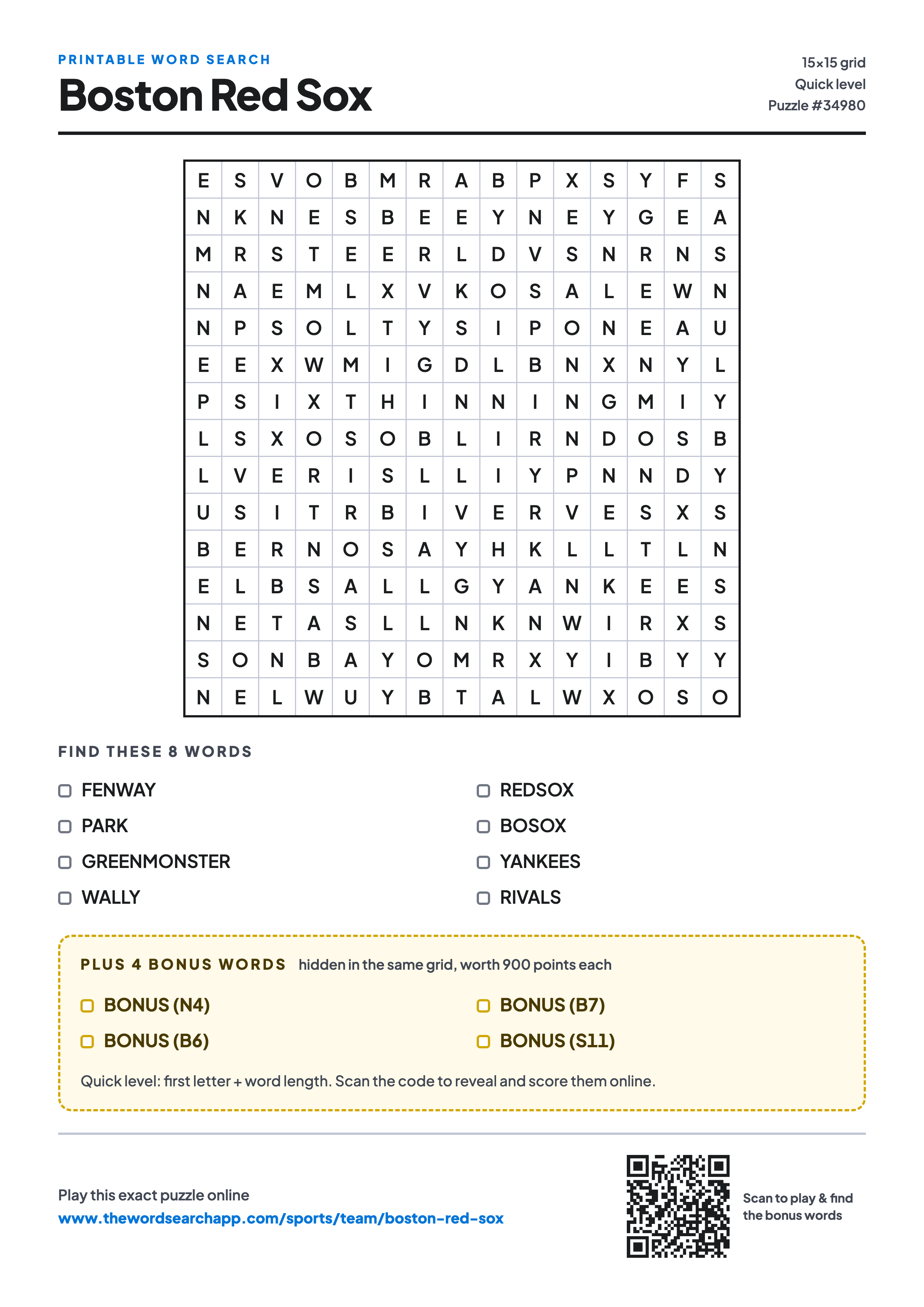 Printable Boston Red Sox word search — 15×15 letter grid with 8 words to find including FENWAY, PARK, GREENMONSTER, plus 4 hidden bonus words