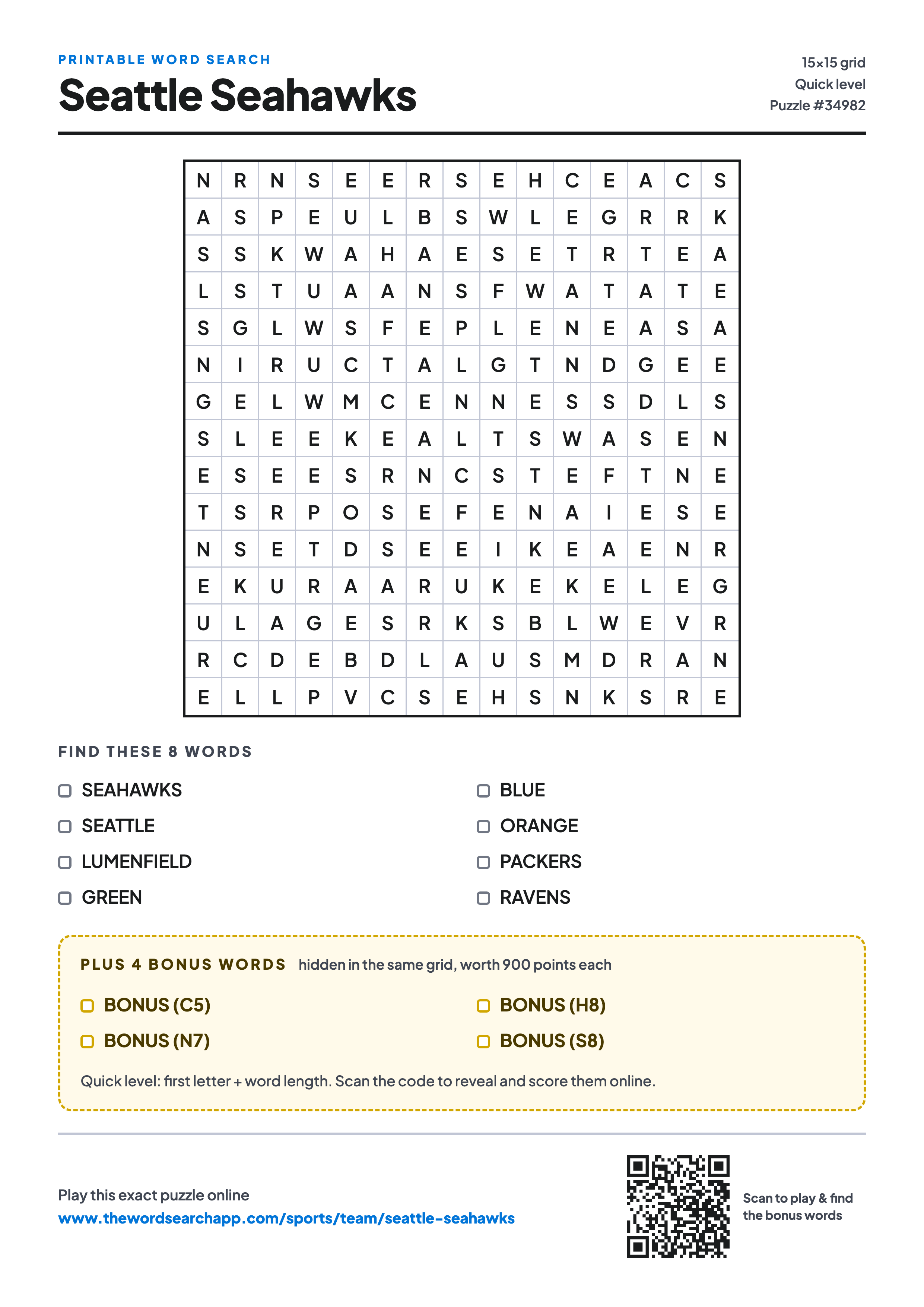 Printable Seattle Seahawks word search — 15×15 letter grid with 8 words to find including SEAHAWKS, SEATTLE, LUMENFIELD, plus 4 hidden bonus words