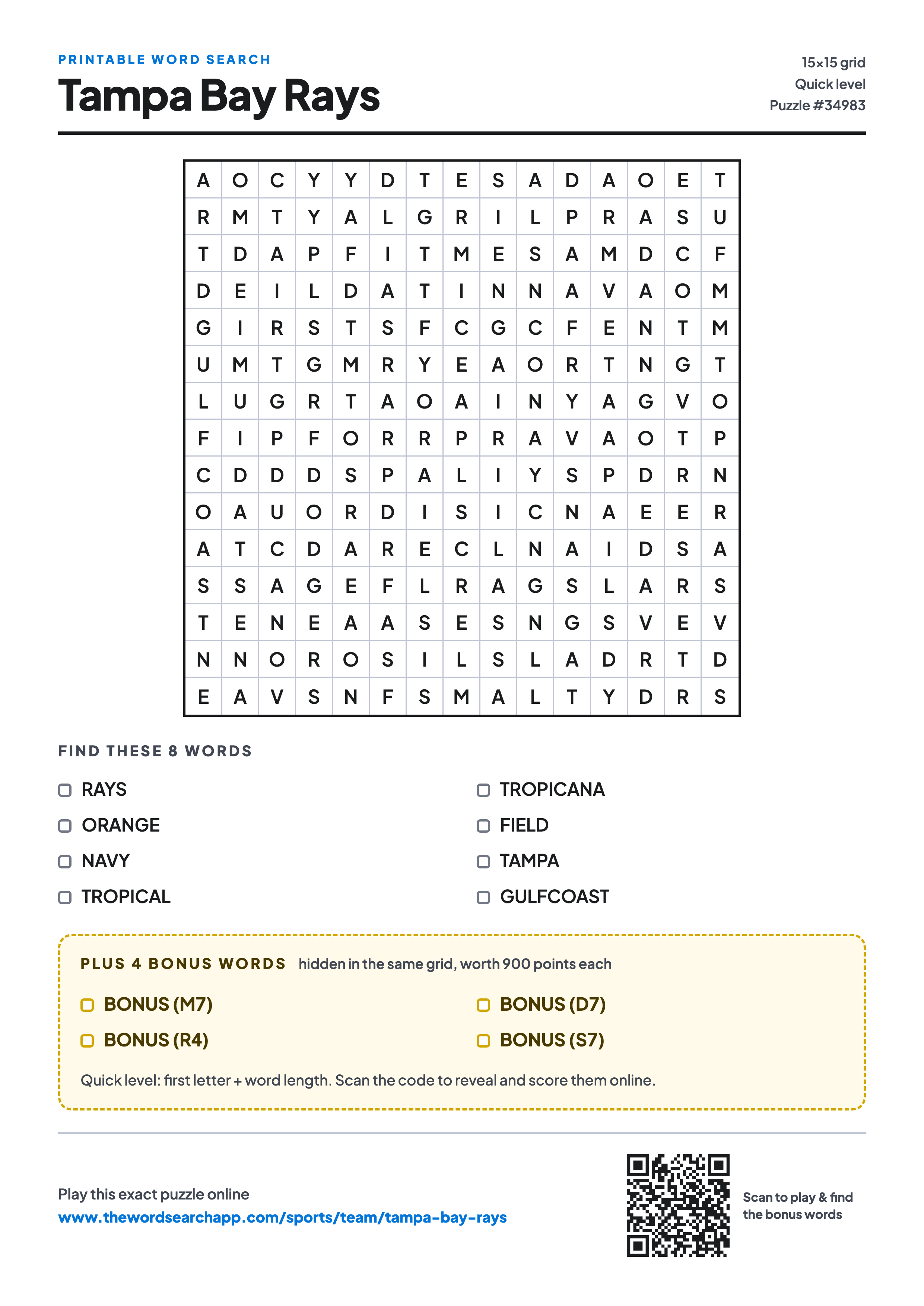 Printable Tampa Bay Rays word search — 15×15 letter grid with 8 words to find including RAYS, ORANGE, NAVY, plus 4 hidden bonus words