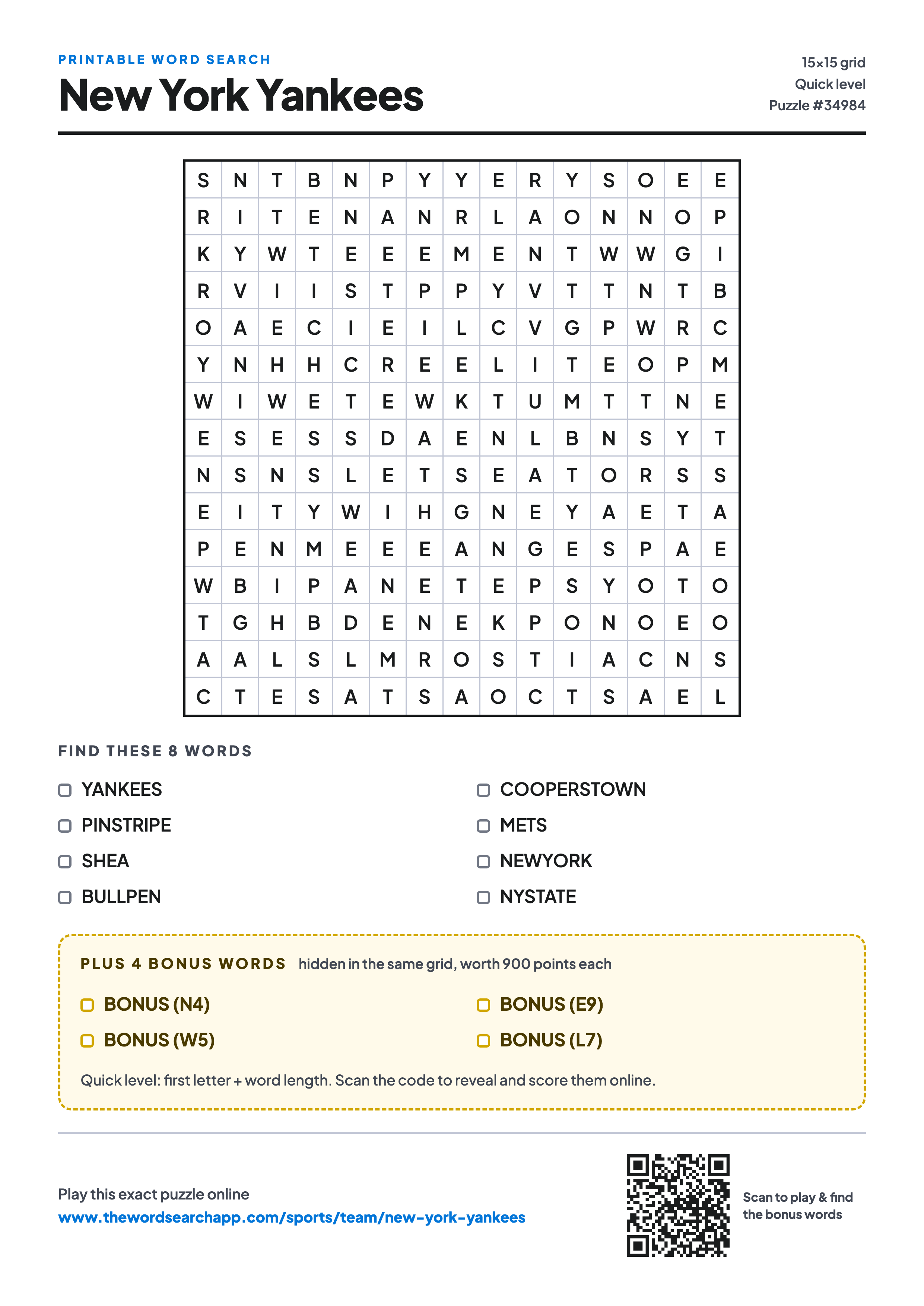 Printable New York Yankees word search — 15×15 letter grid with 8 words to find including YANKEES, PINSTRIPE, SHEA, plus 4 hidden bonus words