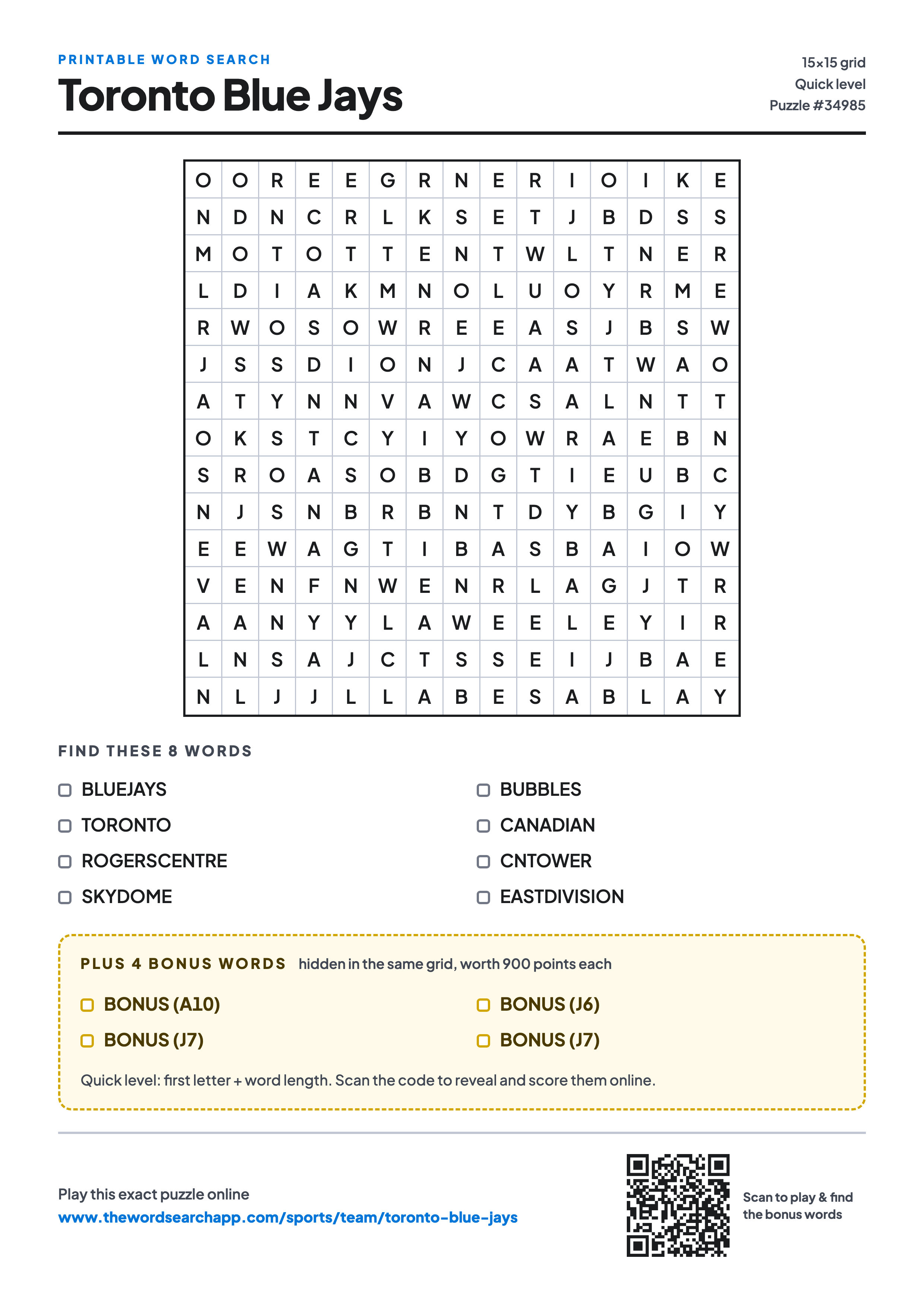 Printable Toronto Blue Jays word search — 15×15 letter grid with 8 words to find including BLUEJAYS, TORONTO, ROGERSCENTRE, plus 4 hidden bonus words