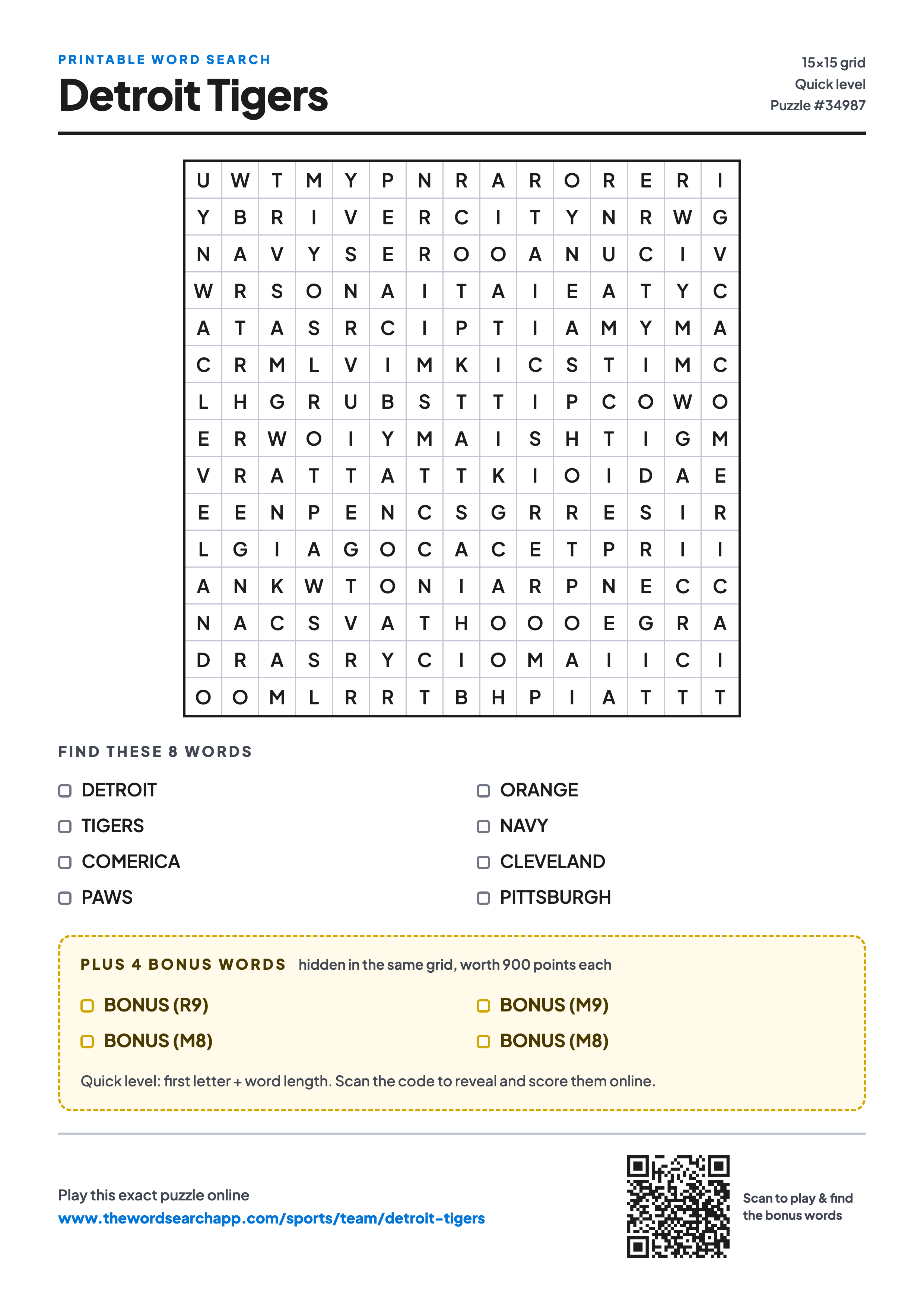 Printable Detroit Tigers word search — 15×15 letter grid with 8 words to find including DETROIT, TIGERS, COMERICA, plus 4 hidden bonus words