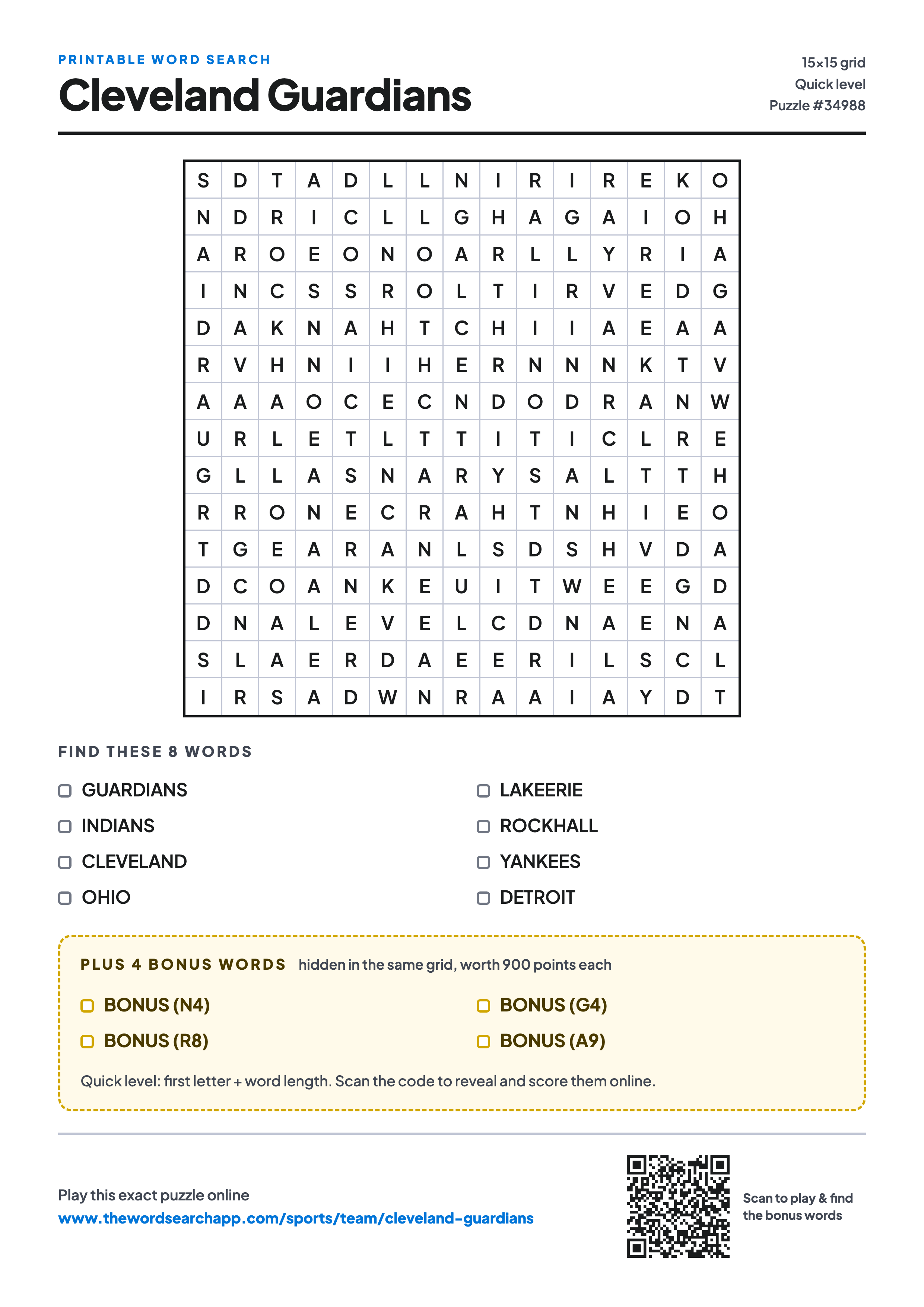 Printable Cleveland Guardians word search — 15×15 letter grid with 8 words to find including GUARDIANS, INDIANS, CLEVELAND, plus 4 hidden bonus words