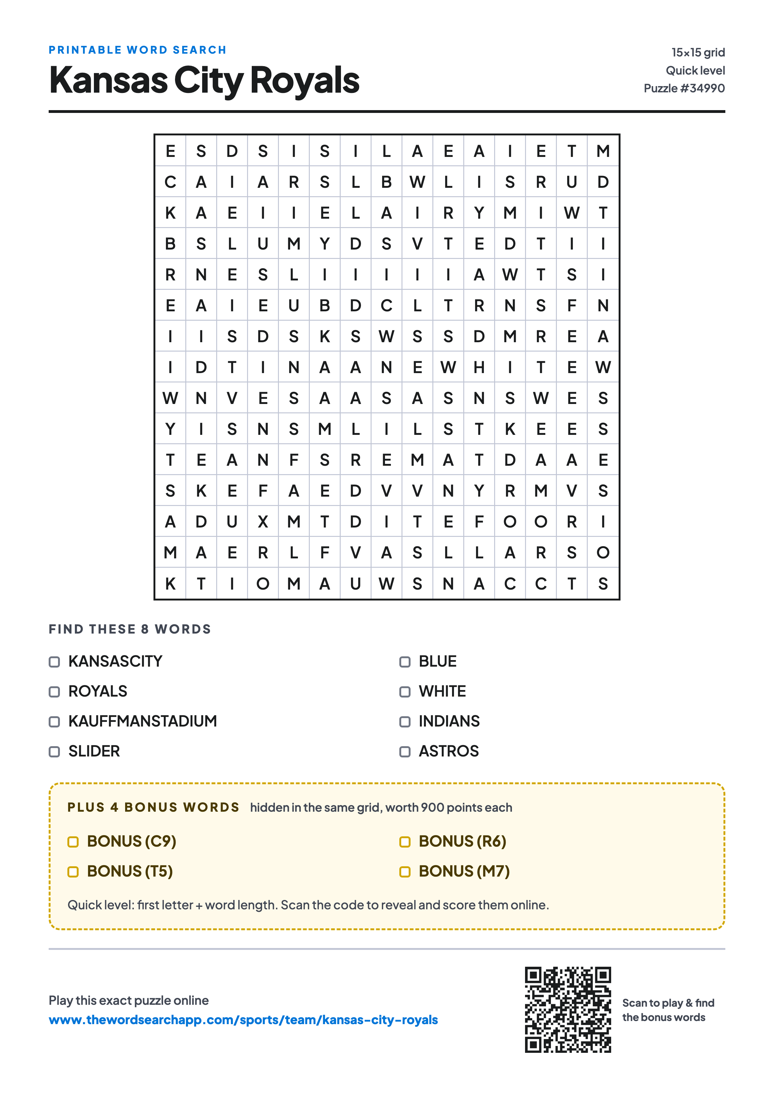 Printable Kansas City Royals word search — 15×15 letter grid with 8 words to find including KANSASCITY, ROYALS, KAUFFMANSTADIUM, plus 4 hidden bonus words