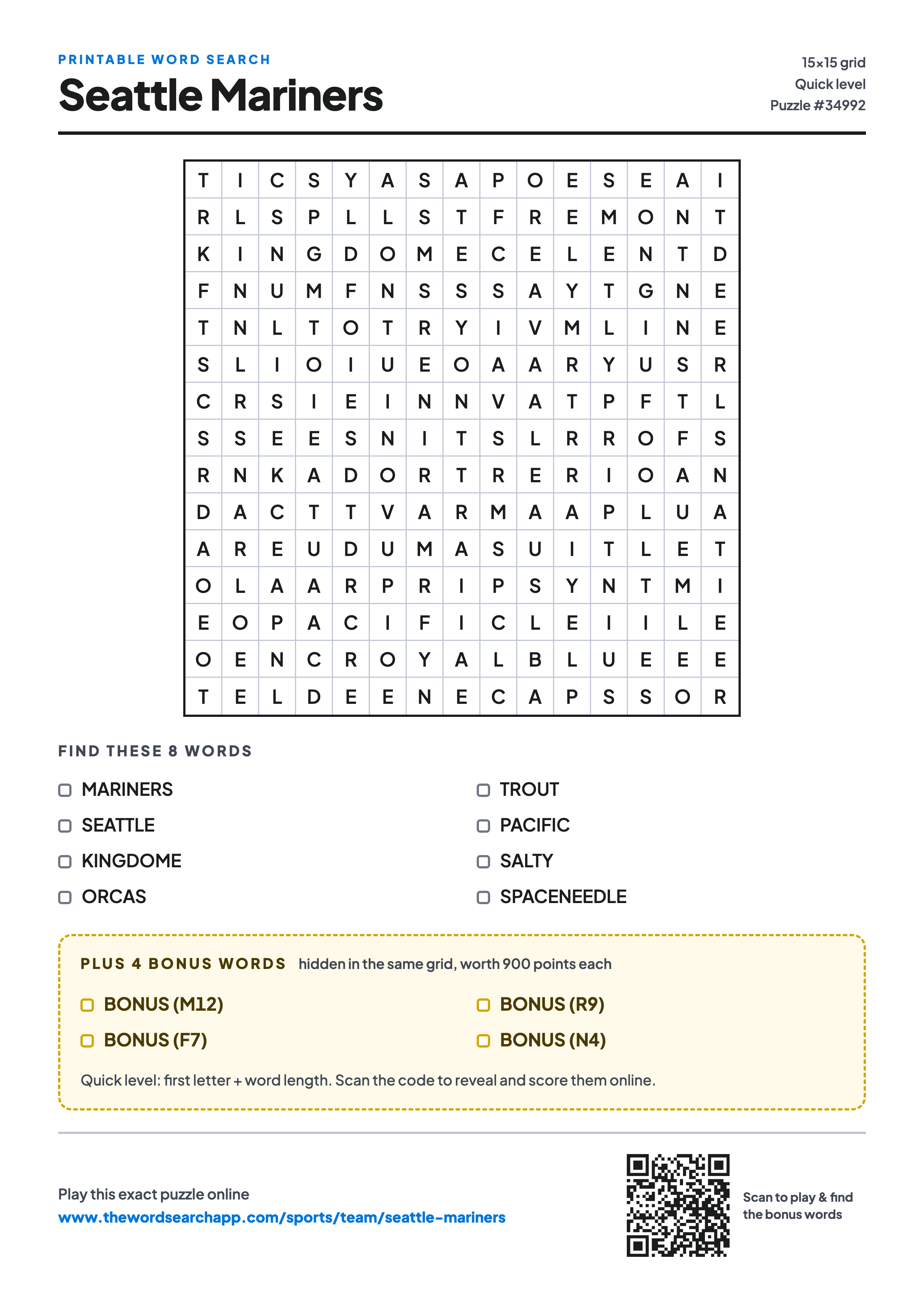 Printable Seattle Mariners word search — 15×15 letter grid with 8 words to find including MARINERS, SEATTLE, KINGDOME, plus 4 hidden bonus words