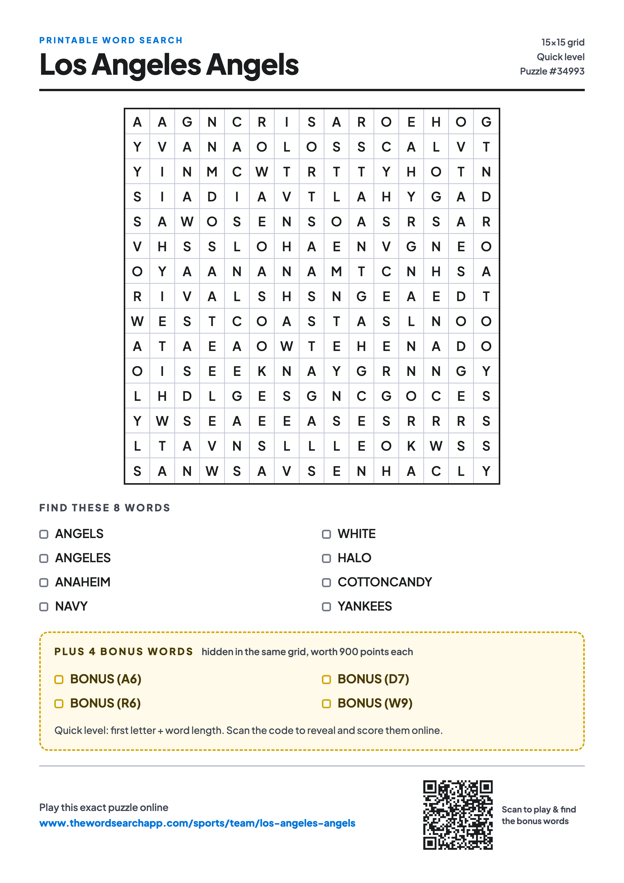 Printable Los Angeles Angels word search — 15×15 letter grid with 8 words to find including ANGELS, ANGELES, ANAHEIM, plus 4 hidden bonus words