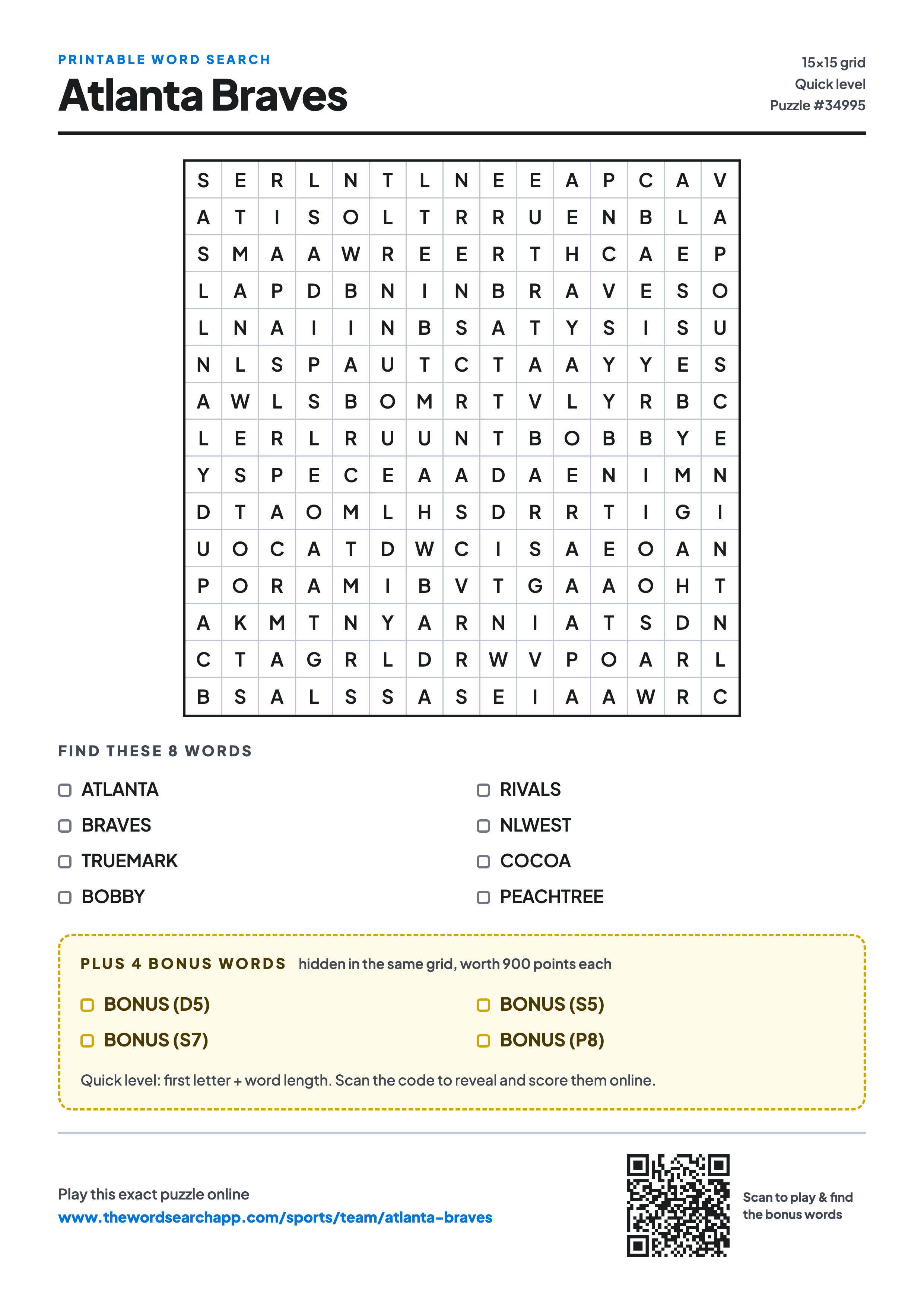 Printable Atlanta Braves word search — 15×15 letter grid with 8 words to find including ATLANTA, BRAVES, TRUEMARK, plus 4 hidden bonus words