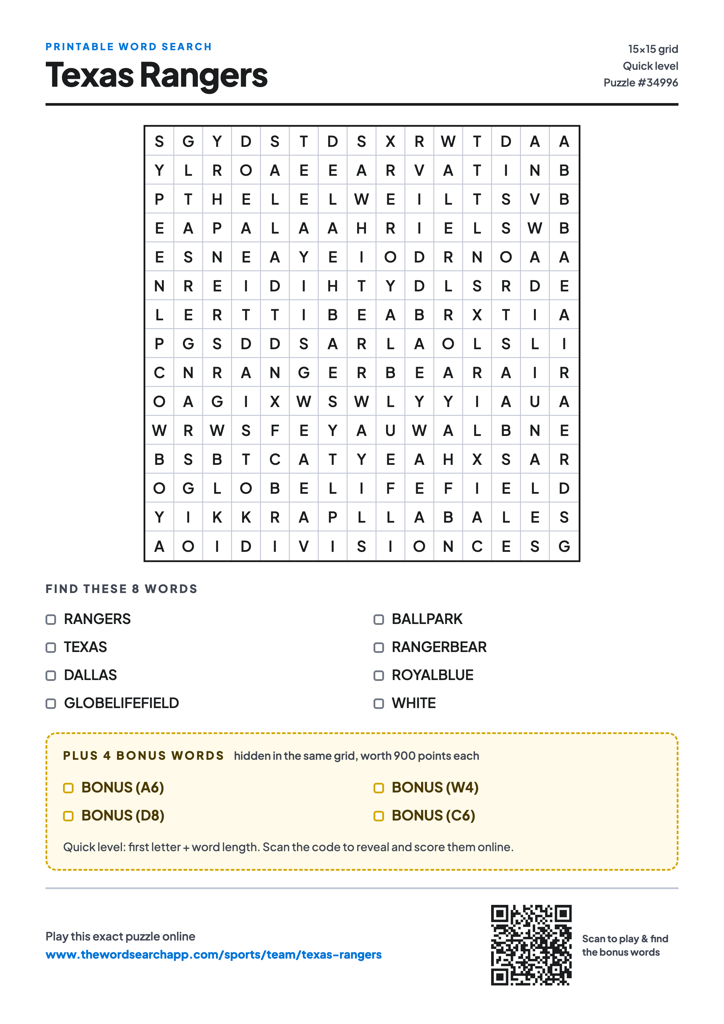 Printable Texas Rangers word search — 15×15 letter grid with 8 words to find including RANGERS, TEXAS, DALLAS, plus 4 hidden bonus words