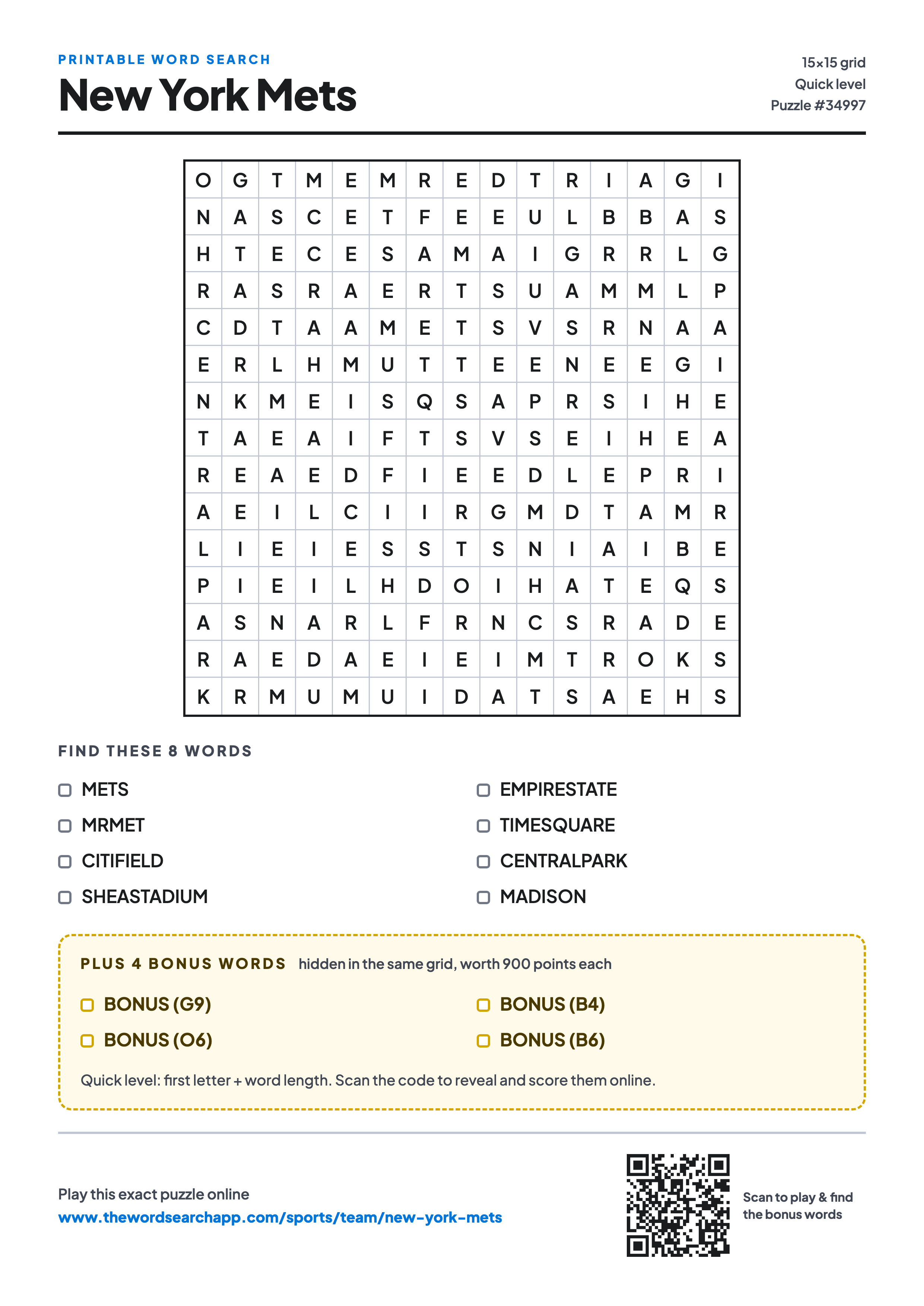 Printable New York Mets word search — 15×15 letter grid with 8 words to find including METS, MRMET, CITIFIELD, plus 4 hidden bonus words