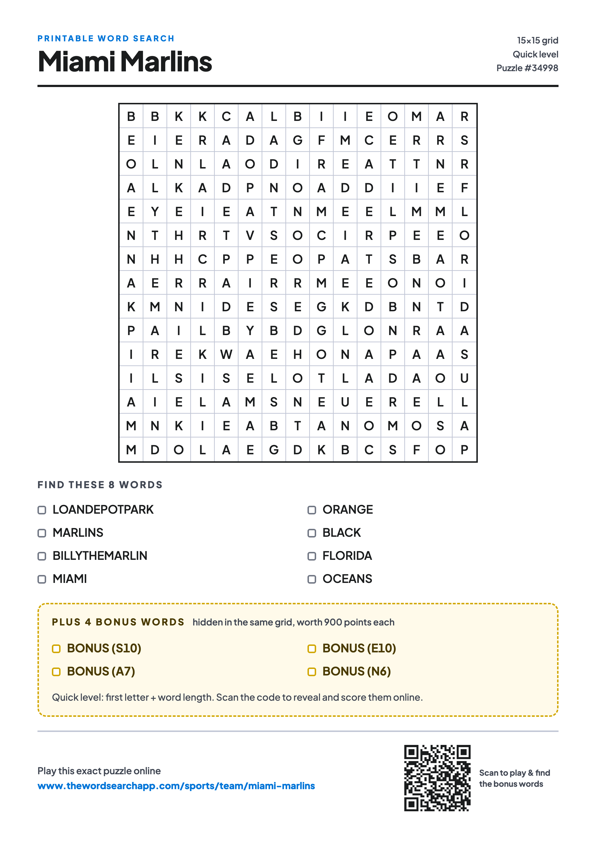 Printable Miami Marlins word search — 15×15 letter grid with 8 words to find including LOANDEPOTPARK, MARLINS, BILLYTHEMARLIN, plus 4 hidden bonus words