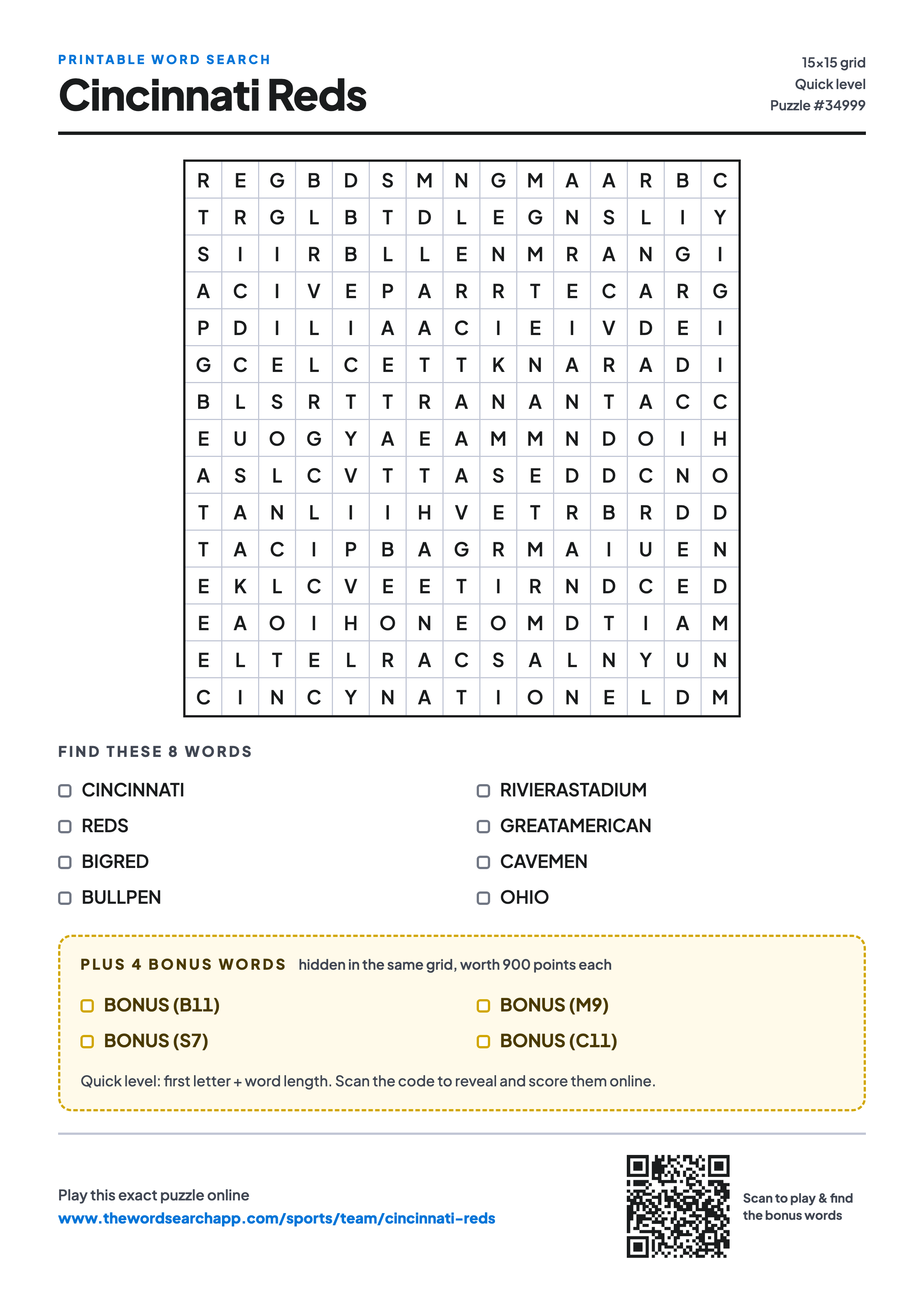 Printable Cincinnati Reds word search — 15×15 letter grid with 8 words to find including CINCINNATI, REDS, BIGRED, plus 4 hidden bonus words