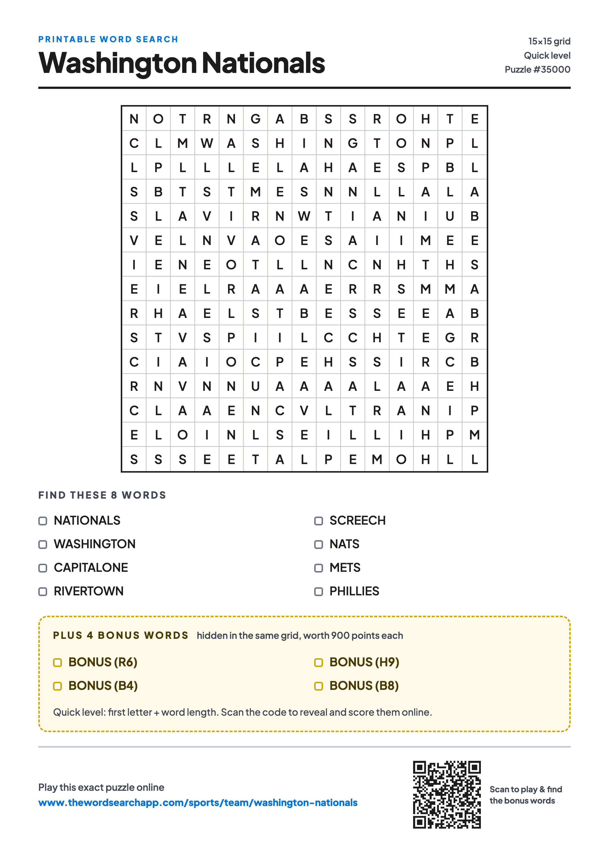 Printable Washington Nationals word search — 15×15 letter grid with 8 words to find including NATIONALS, WASHINGTON, CAPITALONE, plus 4 hidden bonus words