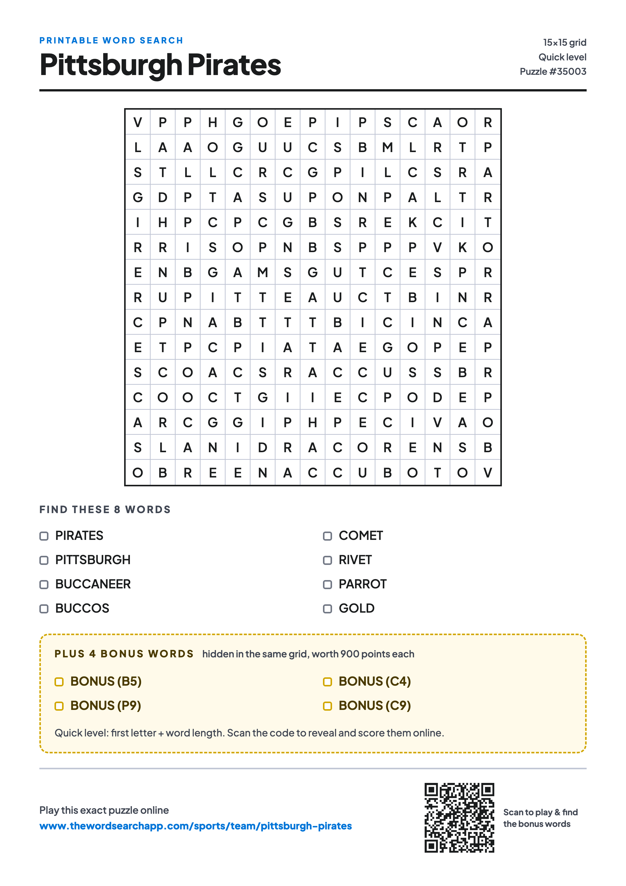 Printable Pittsburgh Pirates word search — 15×15 letter grid with 8 words to find including PIRATES, PITTSBURGH, BUCCANEER, plus 4 hidden bonus words