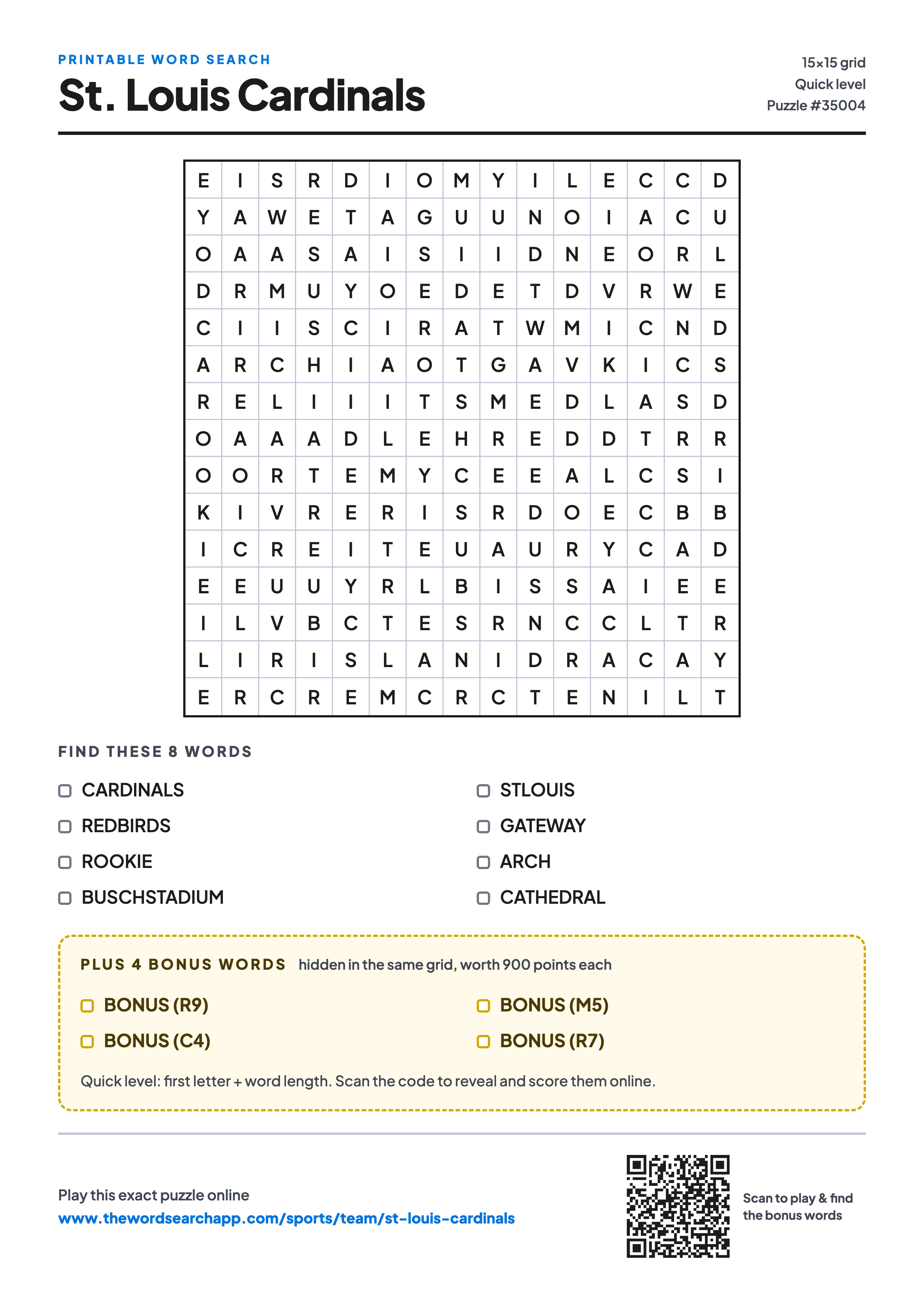 Printable St. Louis Cardinals word search — 15×15 letter grid with 8 words to find including CARDINALS, REDBIRDS, ROOKIE, plus 4 hidden bonus words