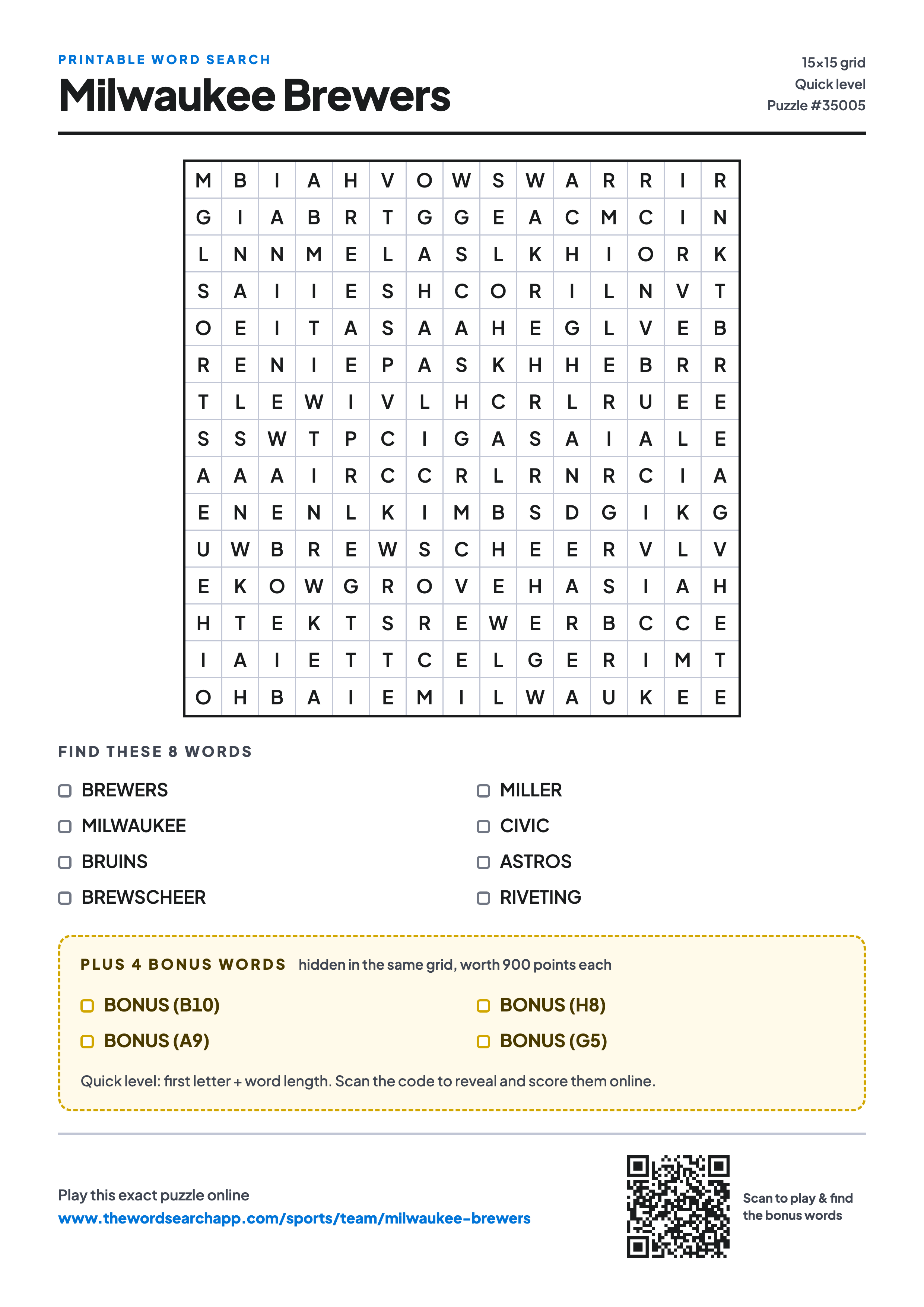 Printable Milwaukee Brewers word search — 15×15 letter grid with 8 words to find including BREWERS, MILWAUKEE, BRUINS, plus 4 hidden bonus words