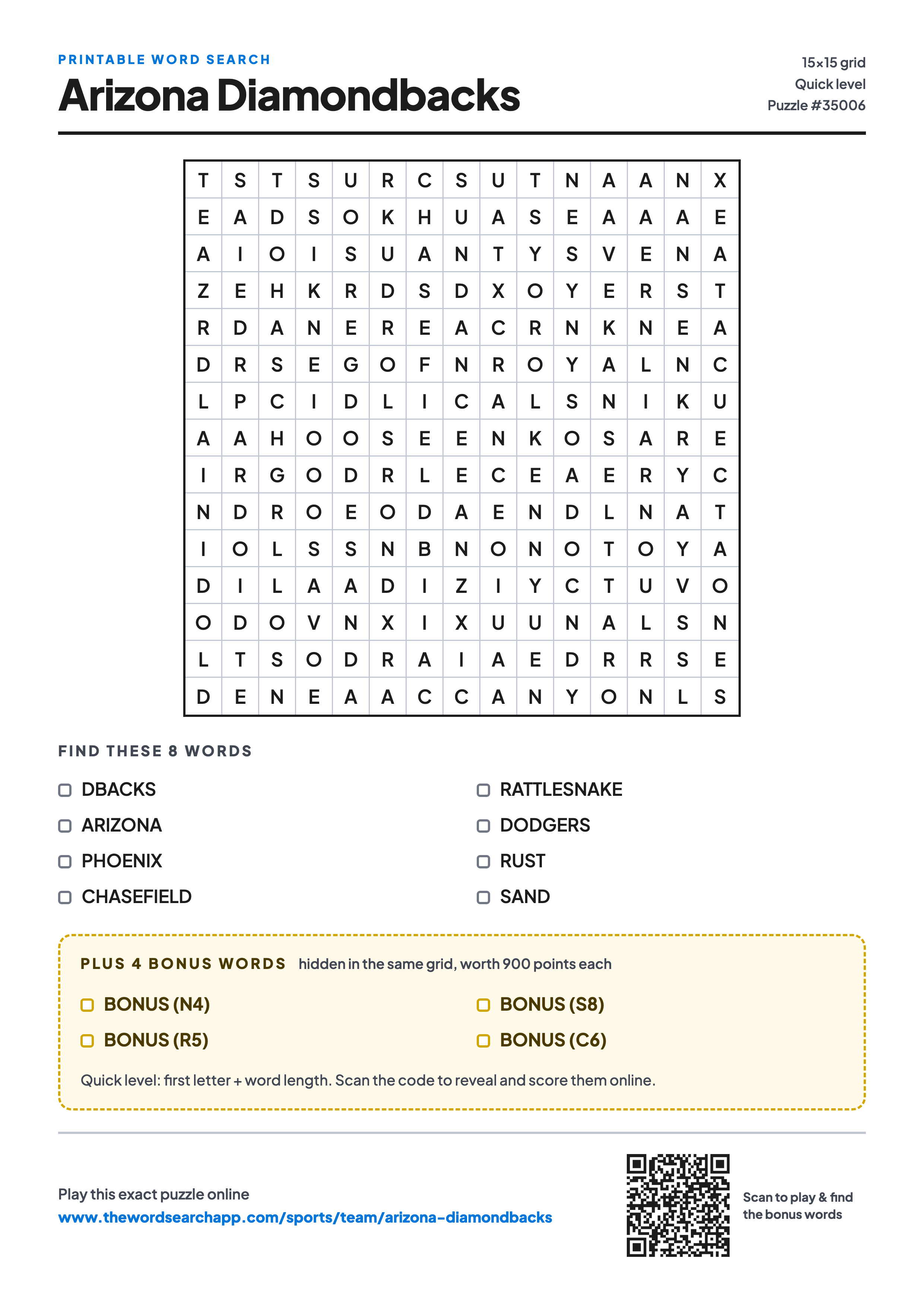 Printable Arizona Diamondbacks word search — 15×15 letter grid with 8 words to find including DBACKS, ARIZONA, PHOENIX, plus 4 hidden bonus words