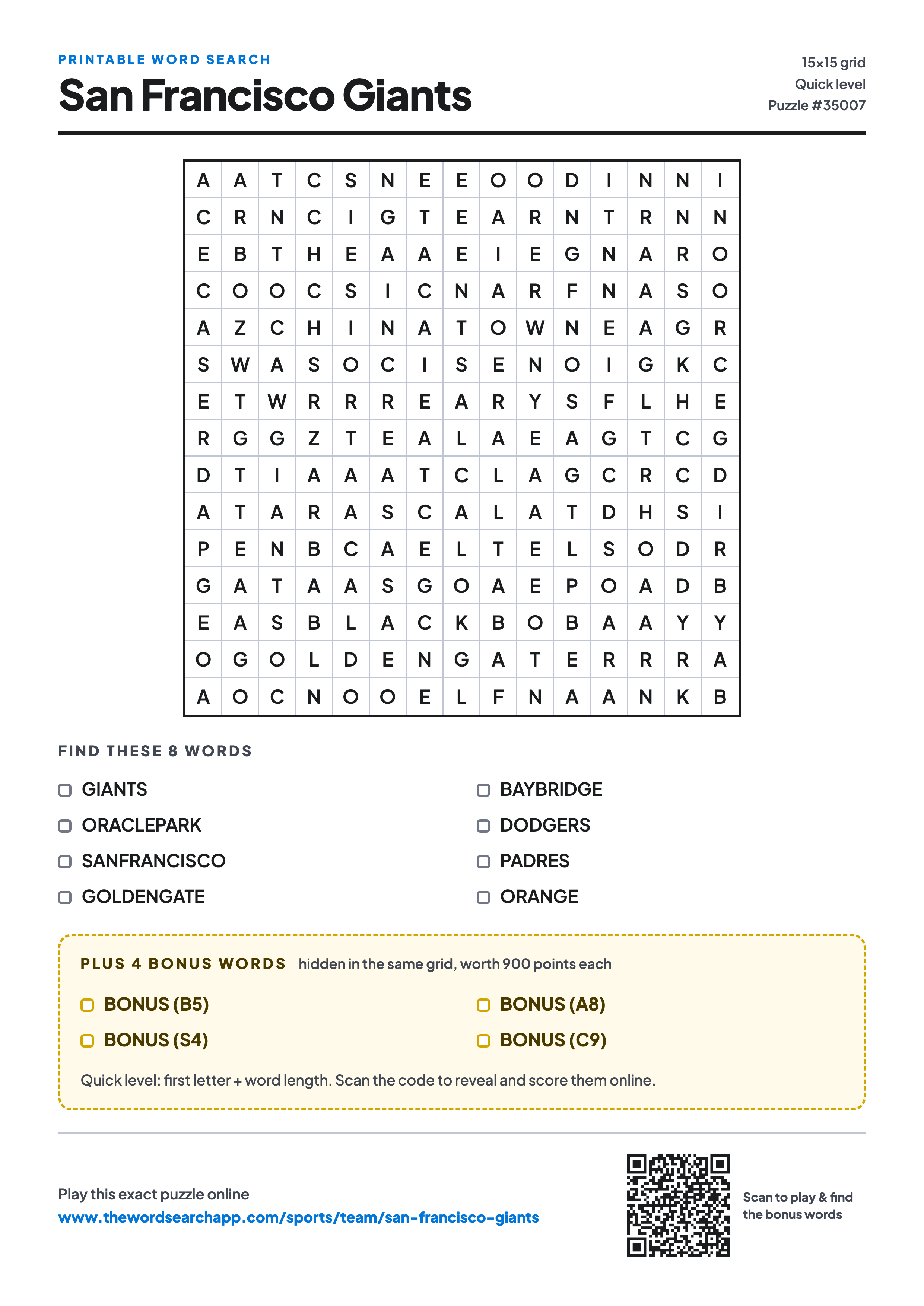 Printable San Francisco Giants word search — 15×15 letter grid with 8 words to find including GIANTS, ORACLEPARK, SANFRANCISCO, plus 4 hidden bonus words