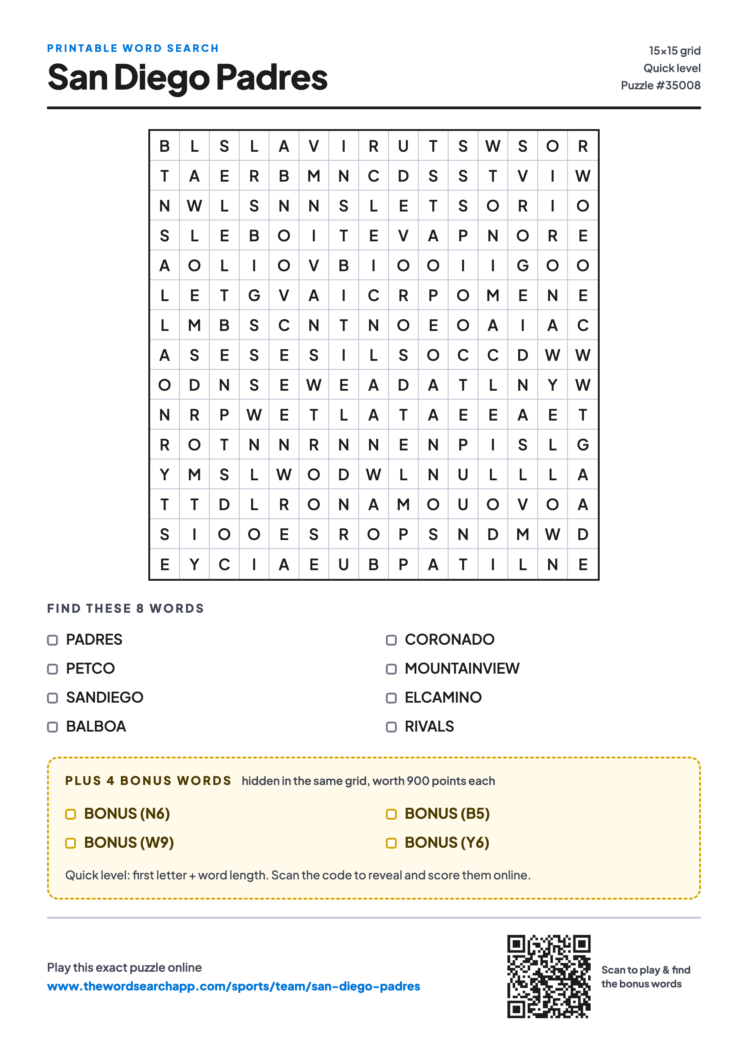 Printable San Diego Padres word search — 15×15 letter grid with 8 words to find including PADRES, PETCO, SANDIEGO, plus 4 hidden bonus words